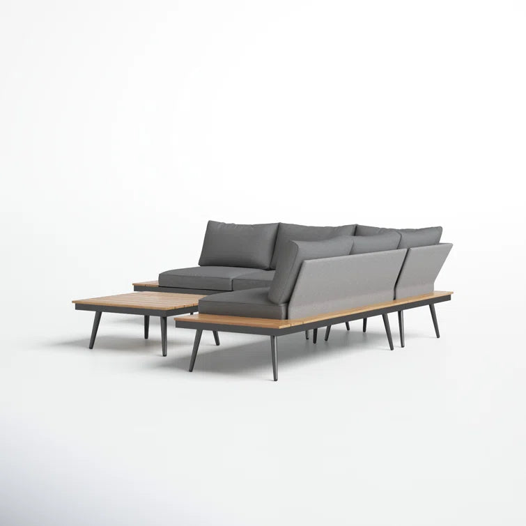 Dark gray modular outdoor sectional sofa with wood accents and coffee table