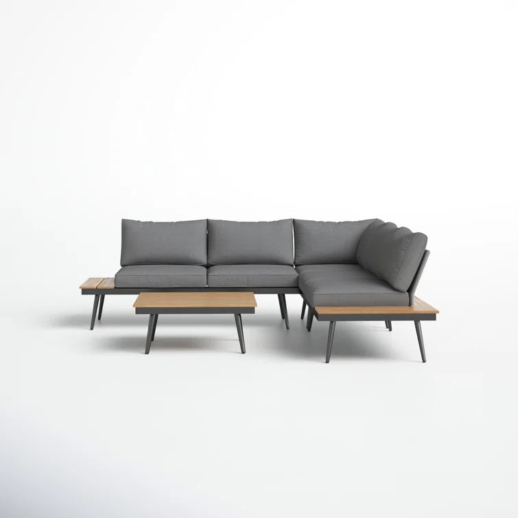 Gray modular sectional outdoor sofa with wooden accents and coffee table