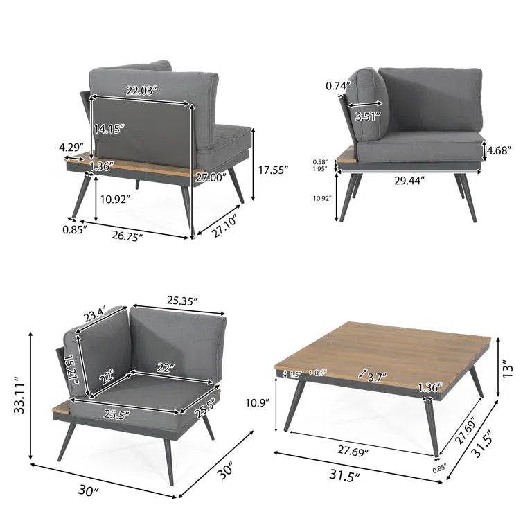 Gray upholstered modular sofa sectional with wood accents and dimensions