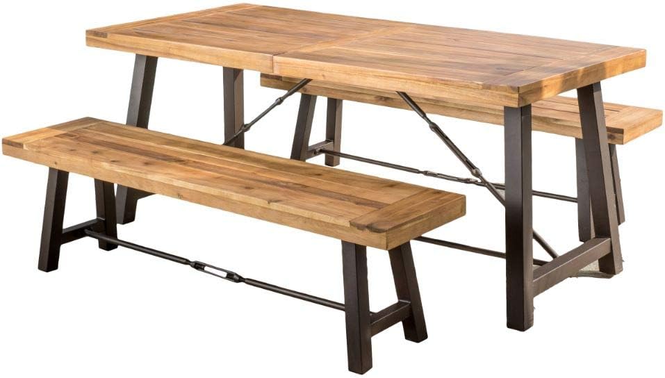 Rustic solid wood dining table with two benches and dark metal frame