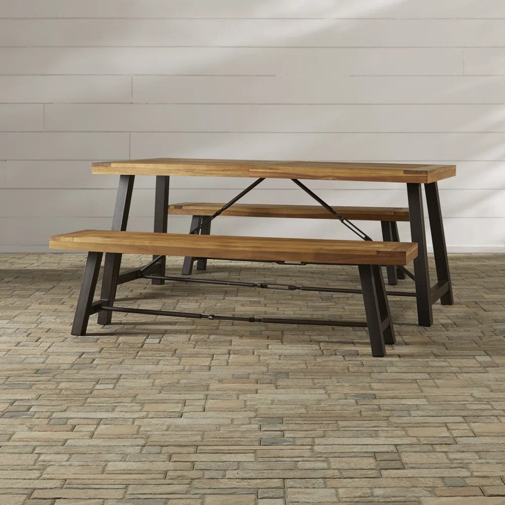 Wooden picnic table with metal legs and matching bench modern outdoor dining set