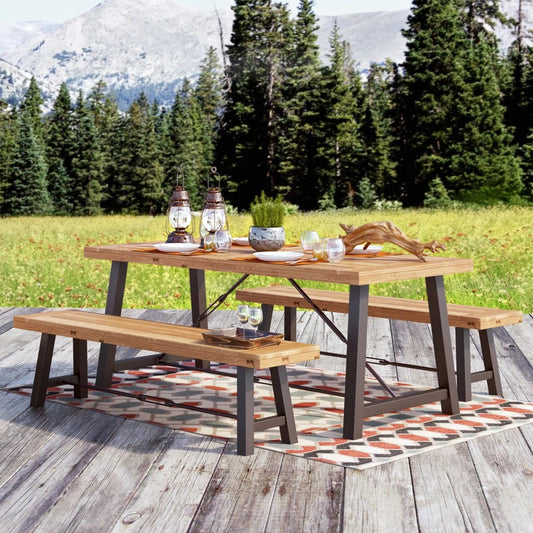 Wooden picnic table and benches set with dark metal legs set for outdoor dining