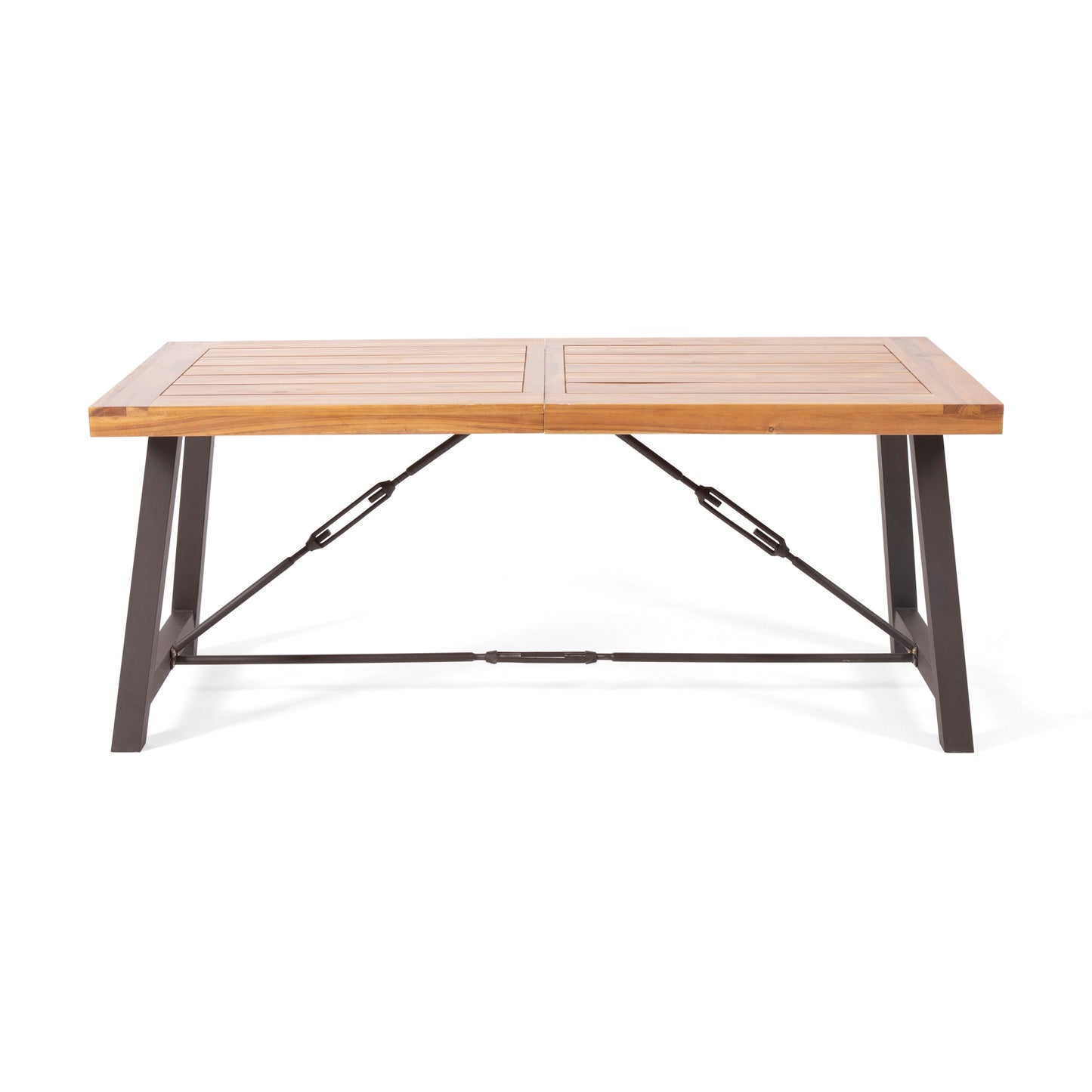 Rectangular wooden outdoor dining table with dark metal legs