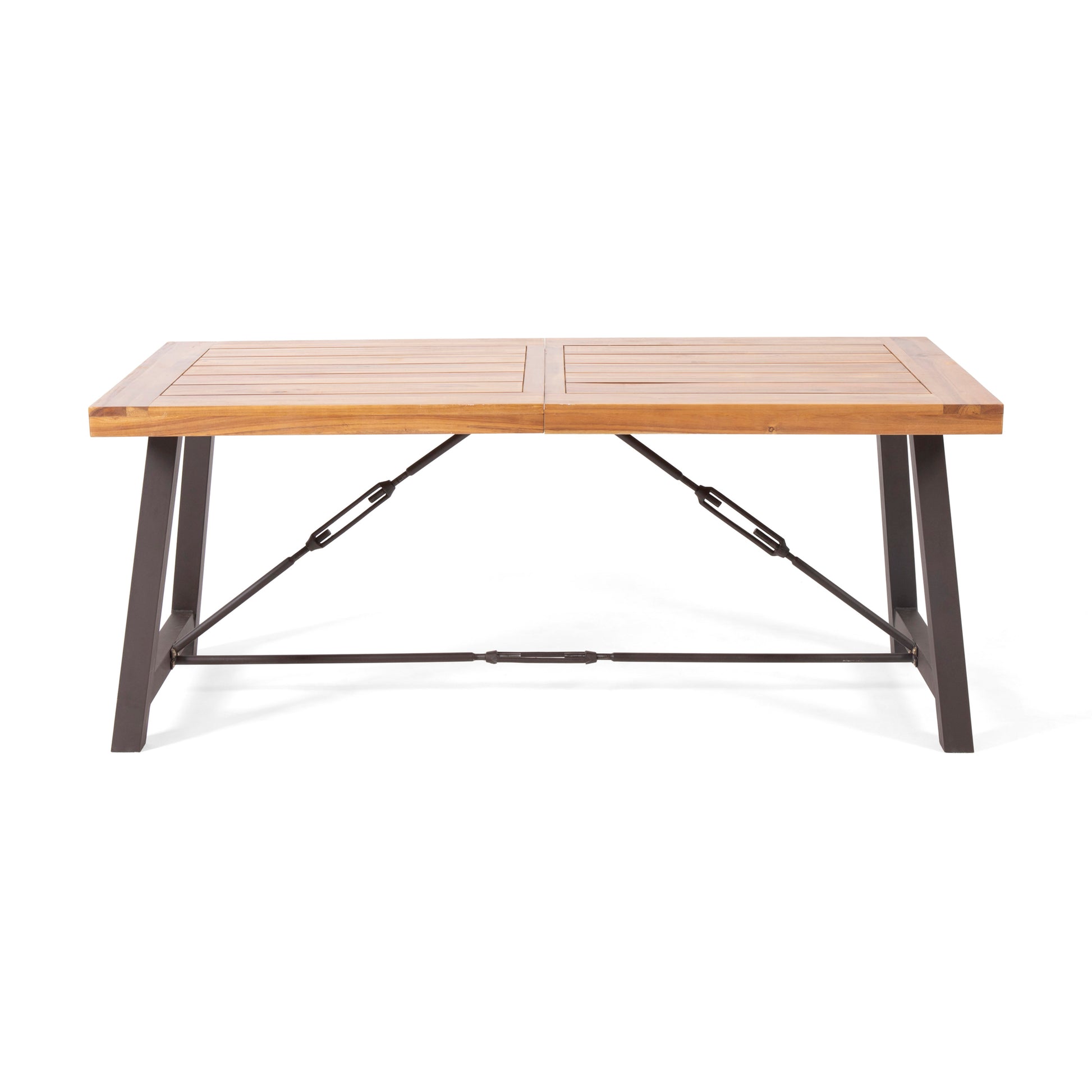 Rectangular wooden outdoor dining table with dark metal legs