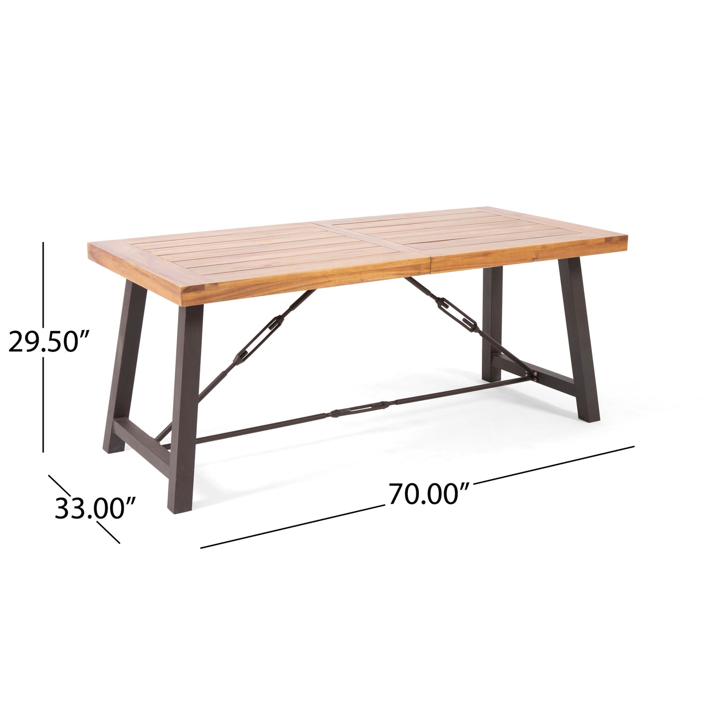 Rectangle outdoor dining table with slatted wood top and dark metal legs