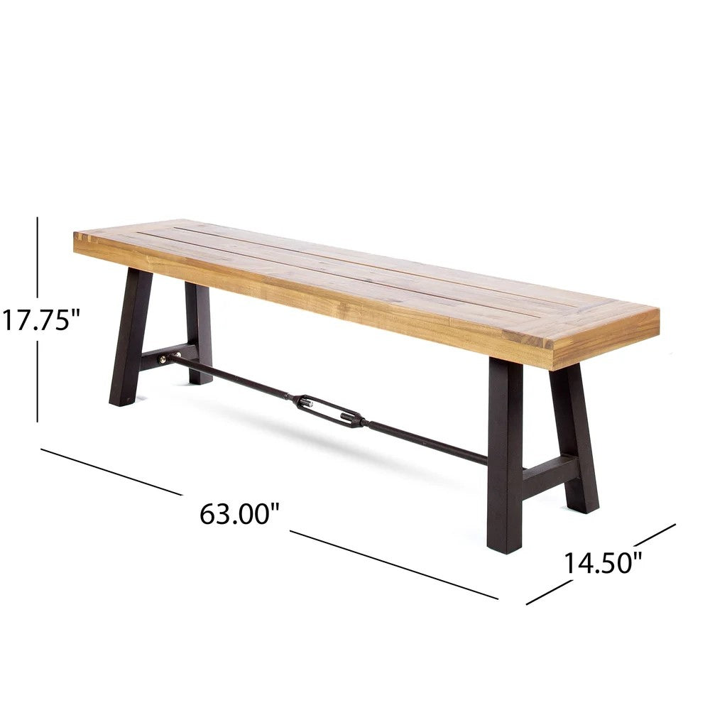 Wooden slat bench with dark metal Aframe legs and turnbuckle support