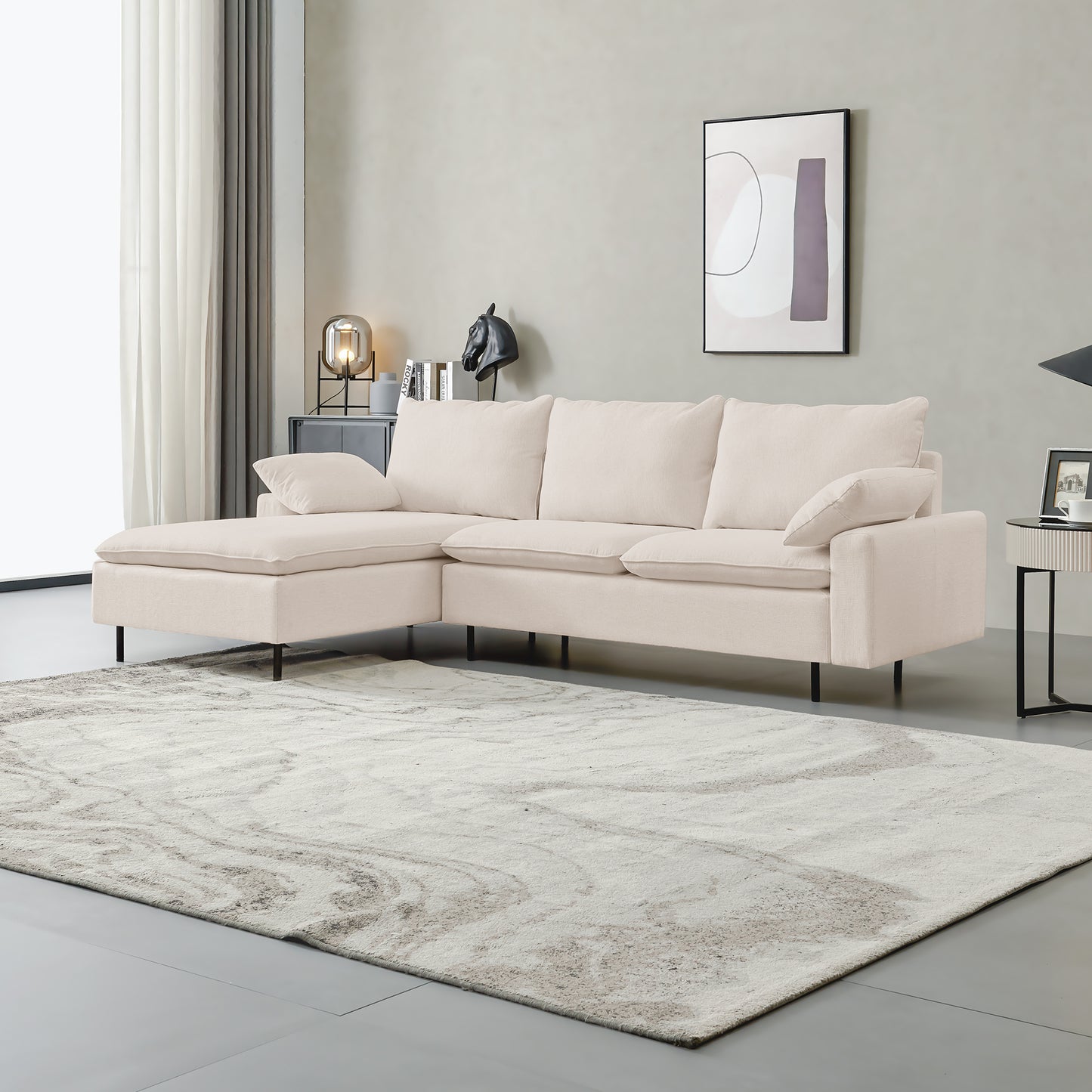 Cream sectional sofa with chaise lounge and plush cushions for living room comfort