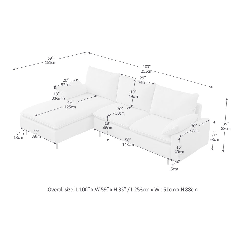 White sectional sofa with chaise dimensions labeled for furniture buyers