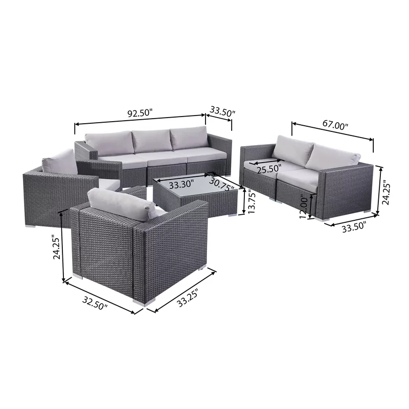 Grey wicker sectional sofa with light grey cushions featuring a spacious piece outdoor furniture set and a glasstop coffee table