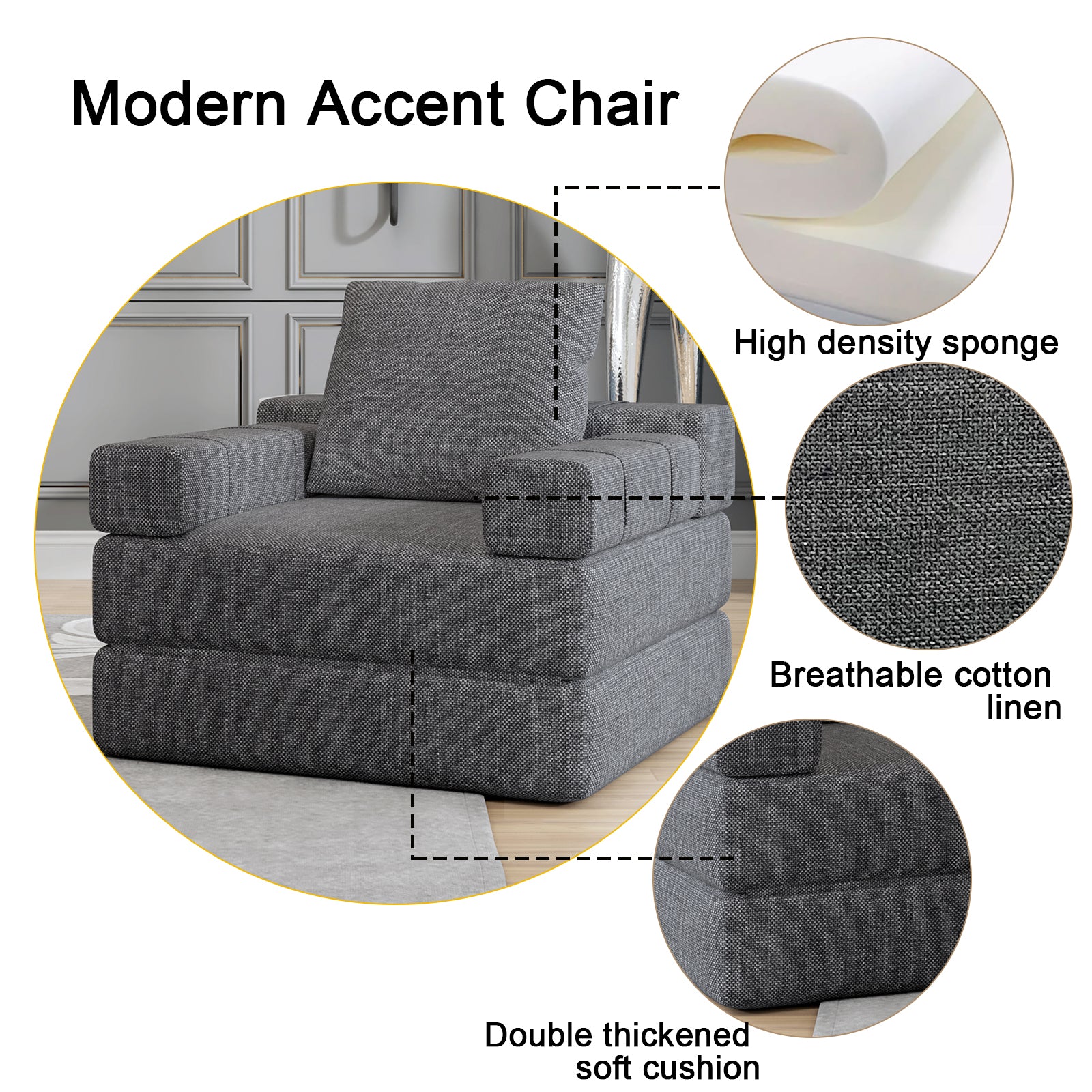 Modern accent chair in charcoal grey fabric with high density sponge cushion