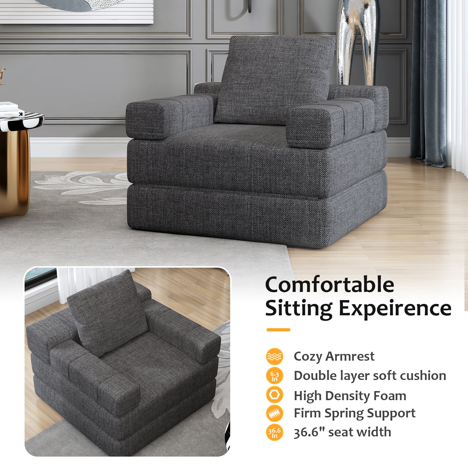 Dark gray fabric sofa with plush cushions perfect for small living spaces