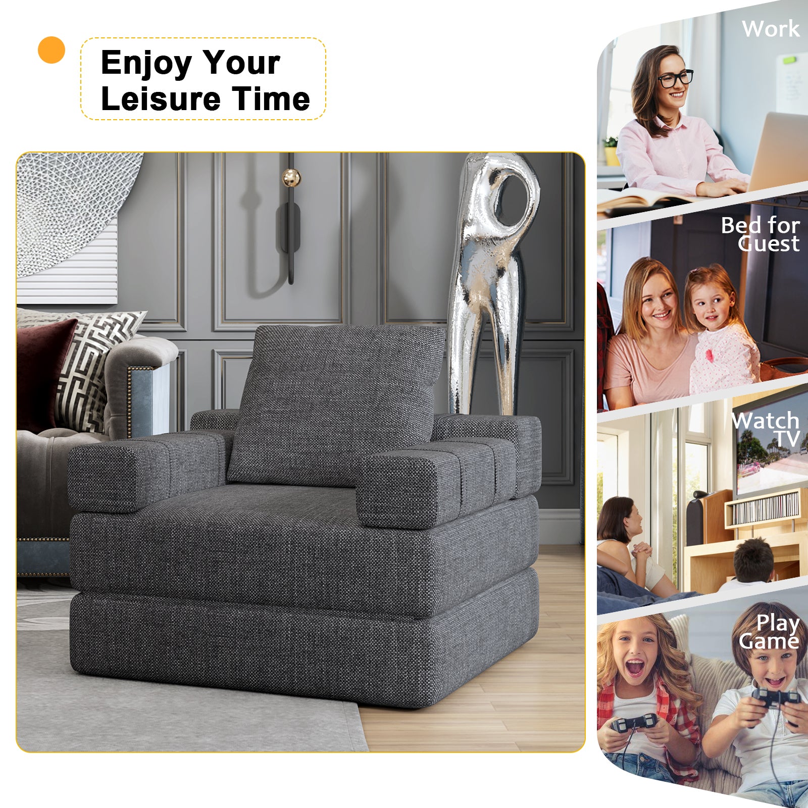 Grey fabric futon chair that converts to a bed for guests