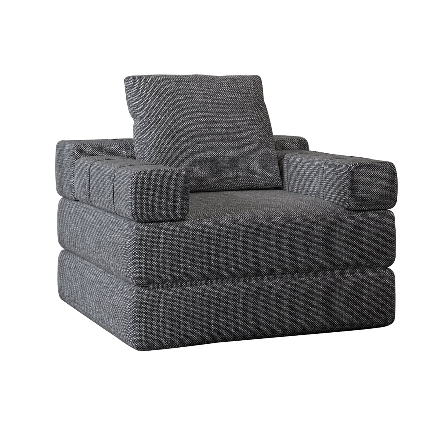 Modern charcoal grey fabric armchair with plush cushion and cubed armrests