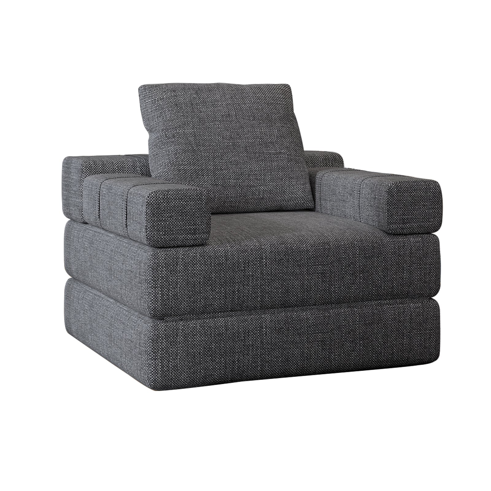 Modern charcoal grey fabric armchair with plush cushion and cubed armrests