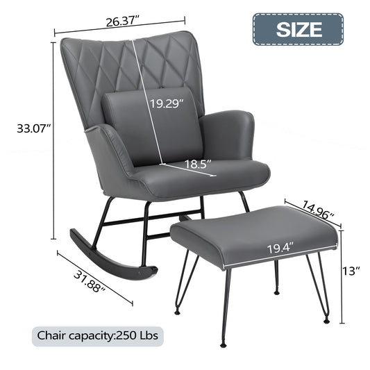 Grey upholstered rocking chair with diamond pattern back and matching ottoman