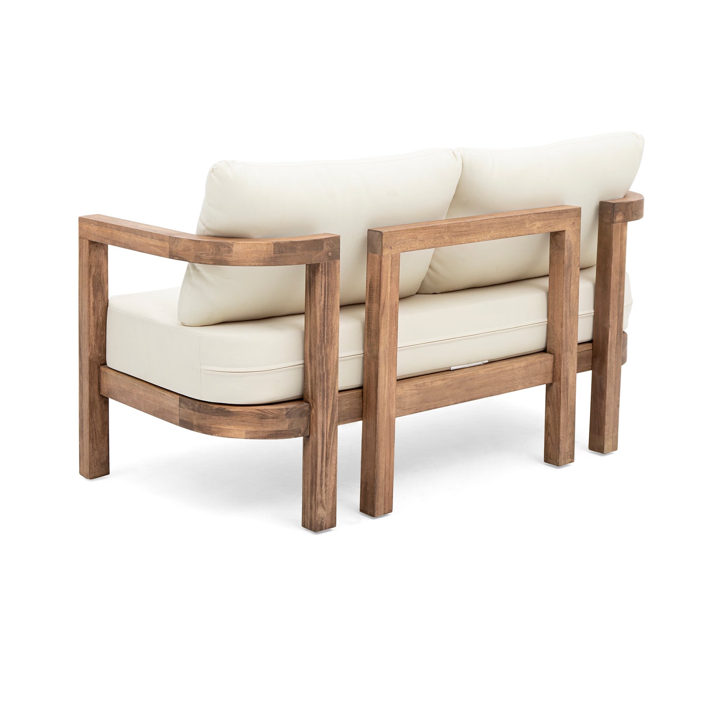 Modern wooden loveseat with cream cushions clean lines and a minimalist design