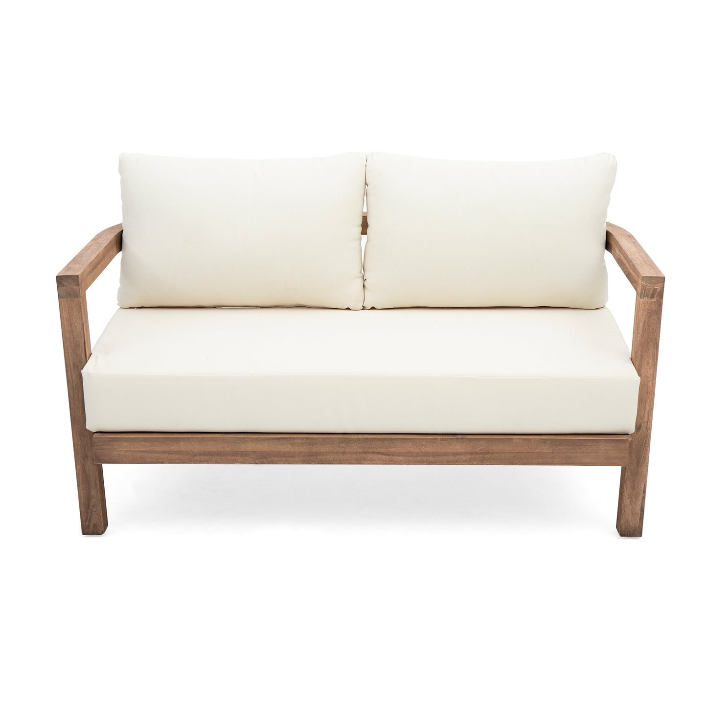 Modern teak loveseat with plush cream cushions perfect for outdoor lounging