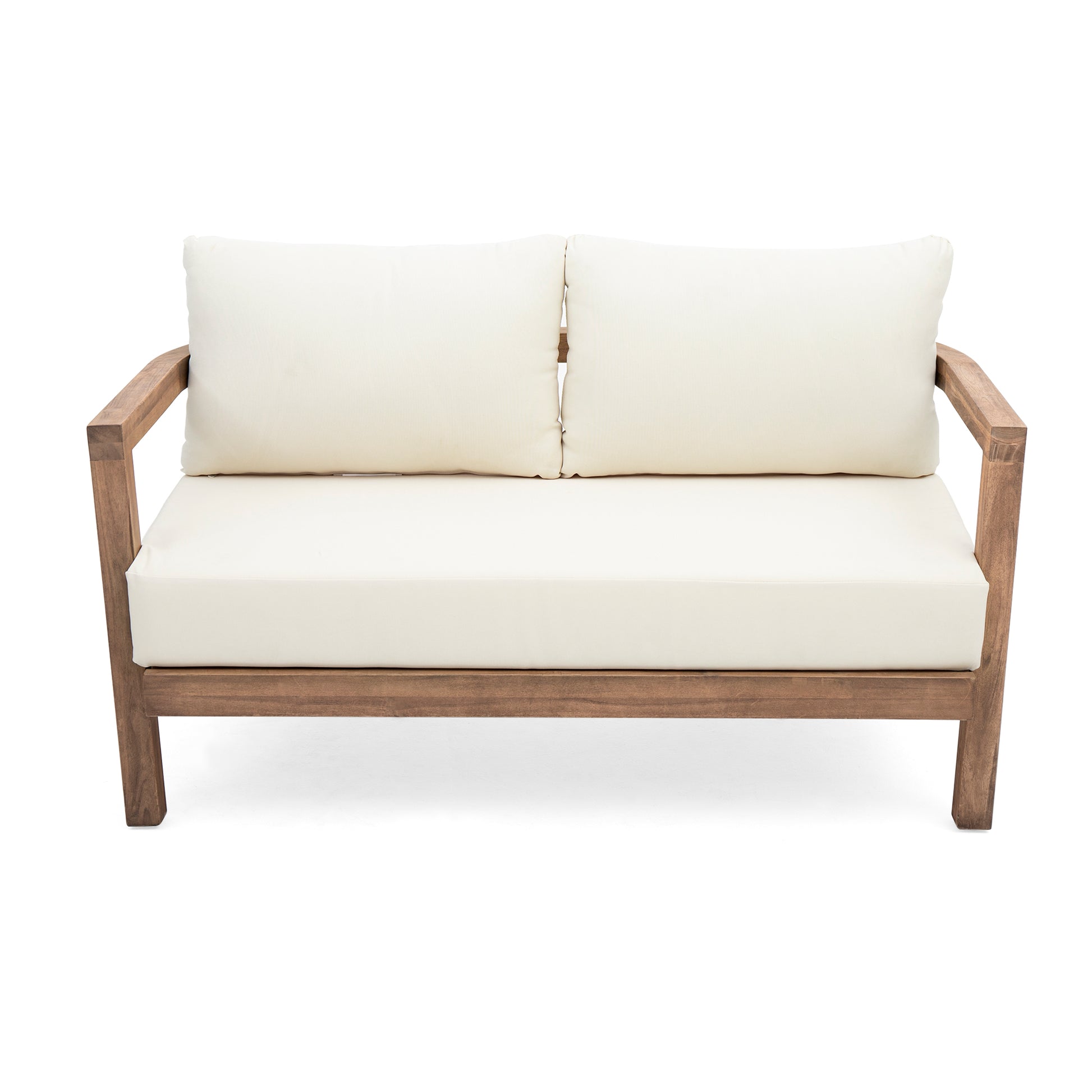 Modern teak loveseat with plush cream cushions perfect for outdoor lounging