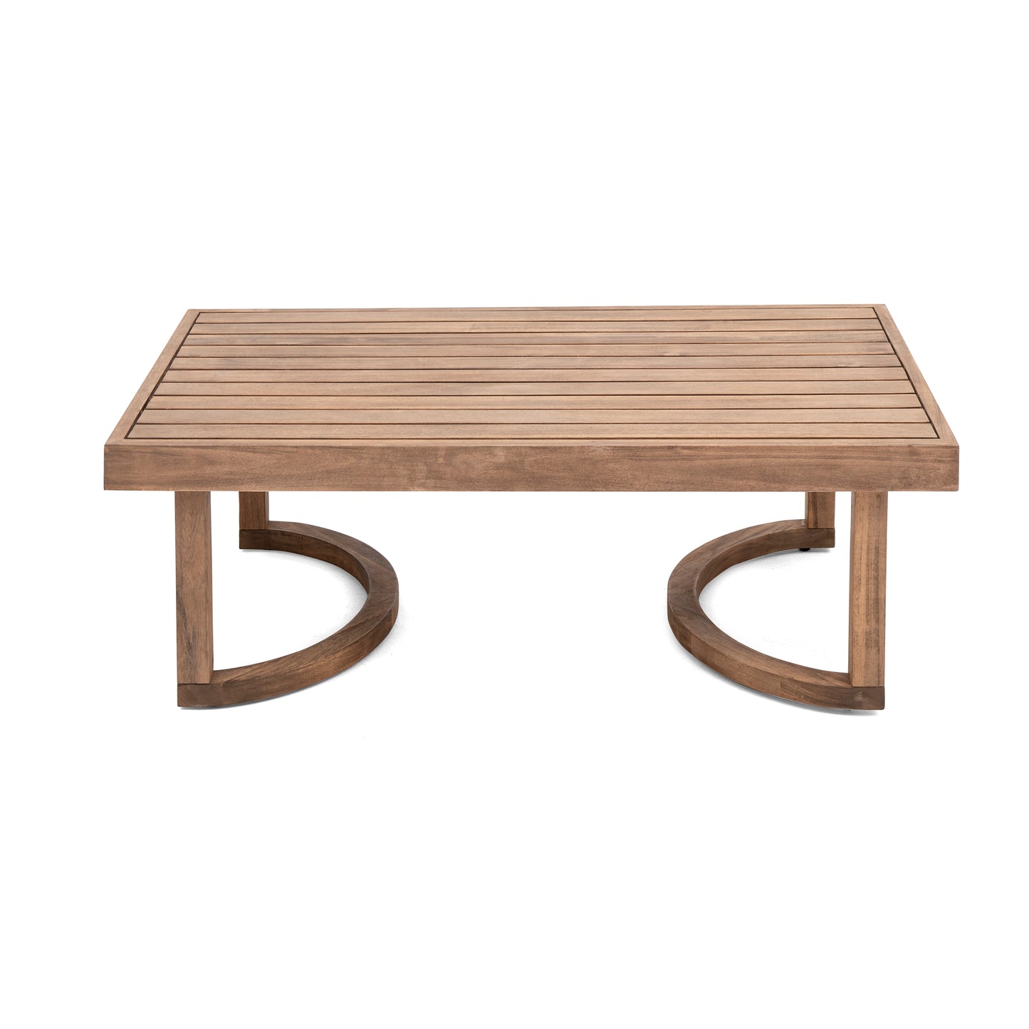 Rectangular wooden coffee table with slatted top and curved legs