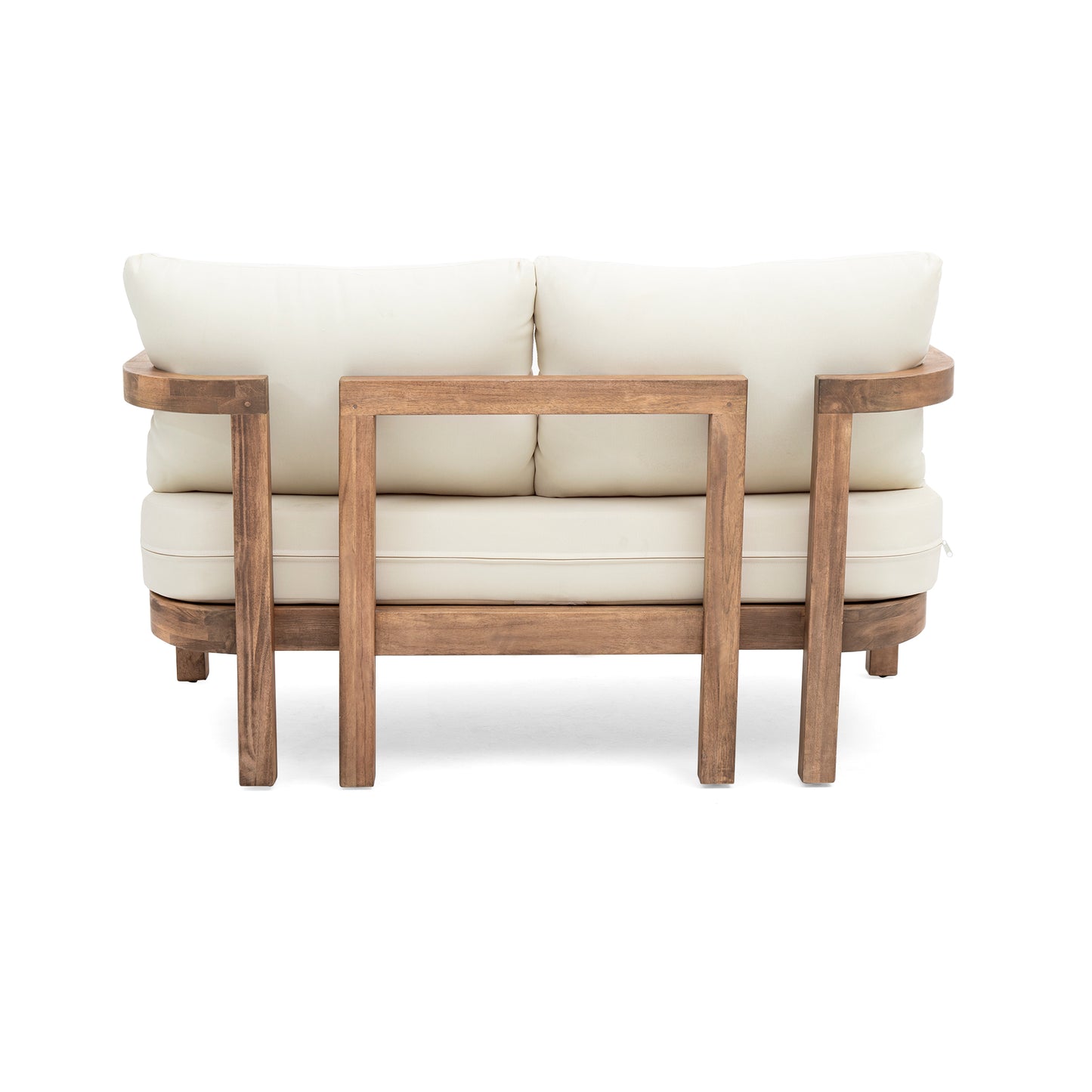 Modern loveseat with natural wood frame and plush cream cushions perfect for a contemporary living room