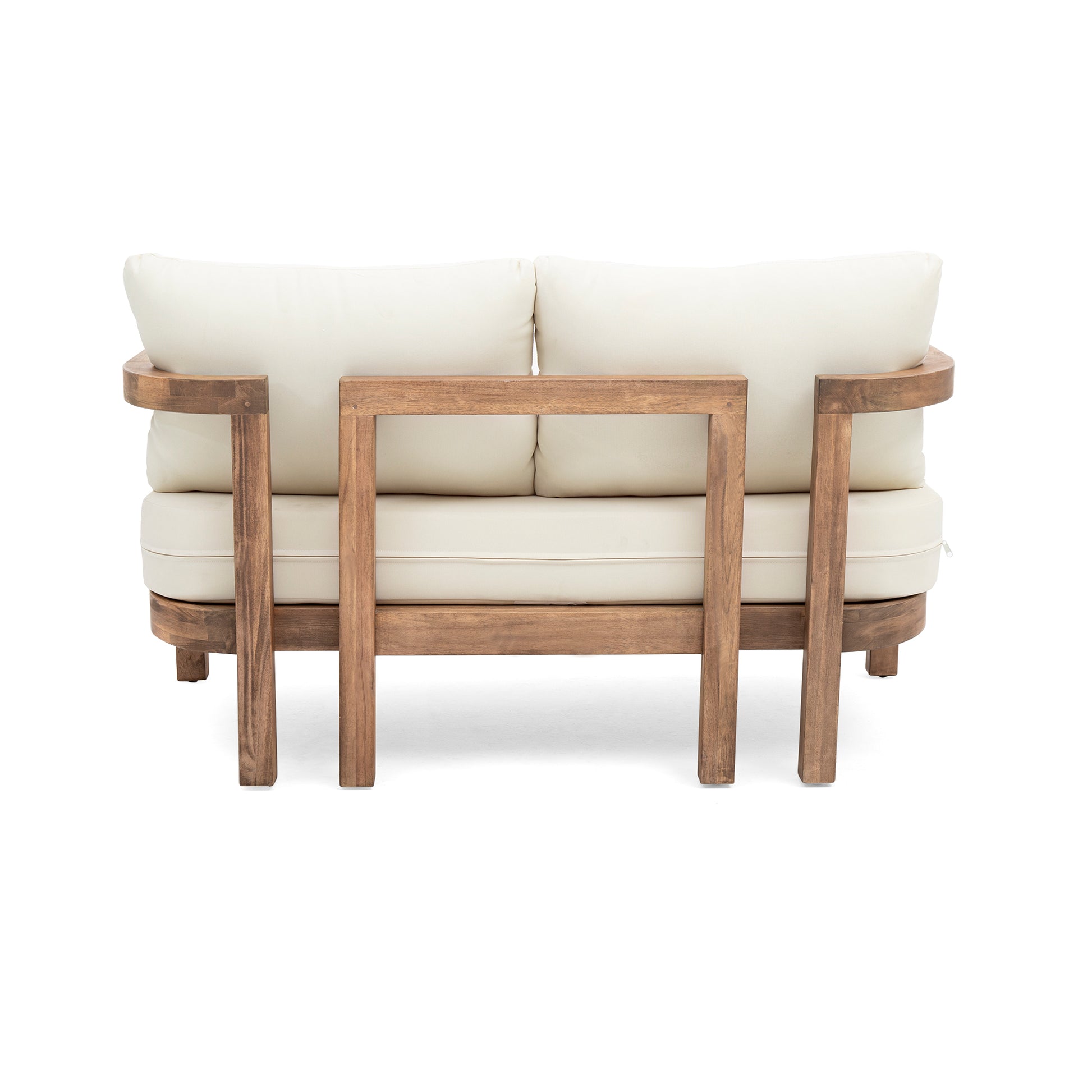 Modern loveseat with natural wood frame and plush cream cushions perfect for a contemporary living room