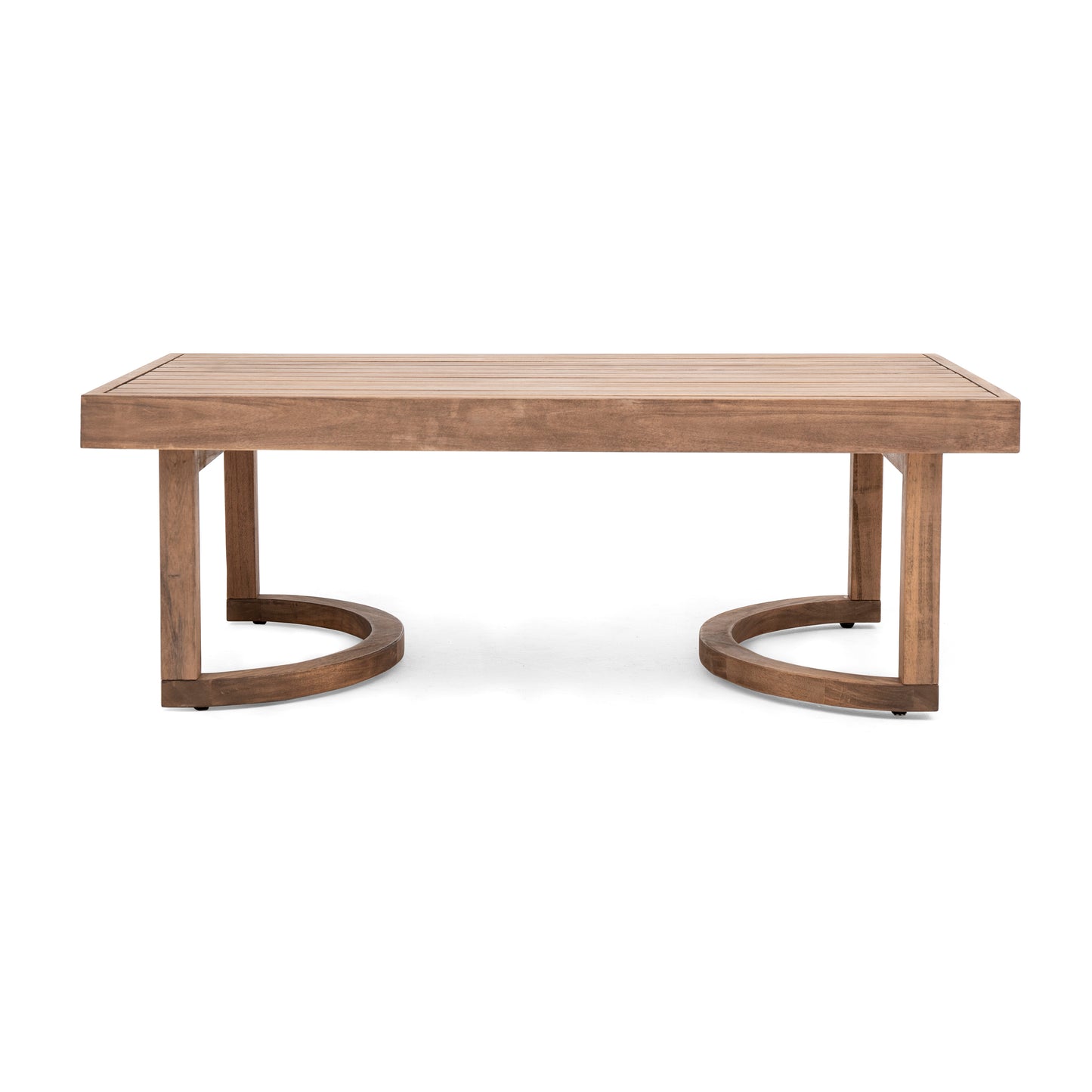 Wooden slatted coffee table with curved legs and a natural wood finish