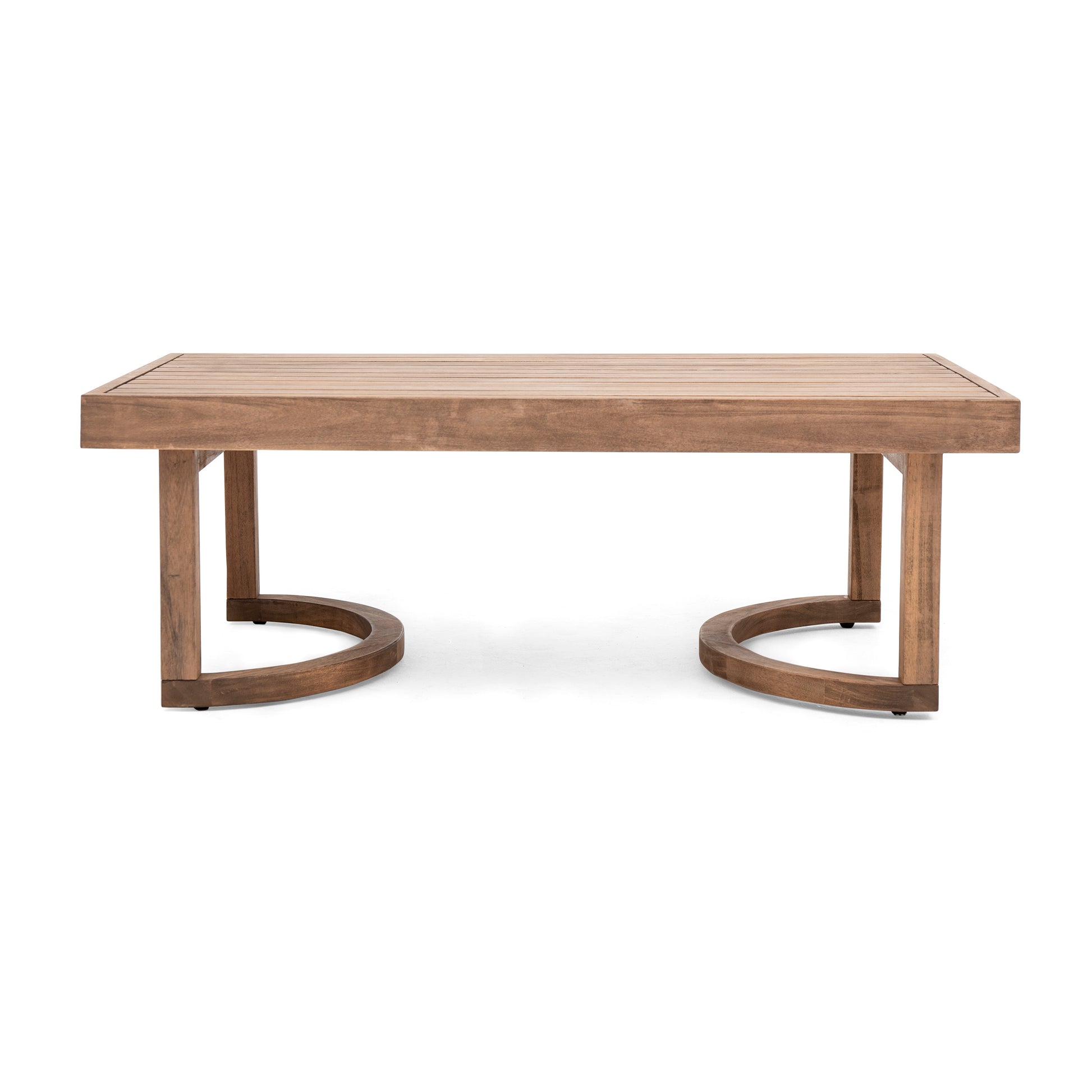 Wooden slatted coffee table with curved legs and a natural wood finish