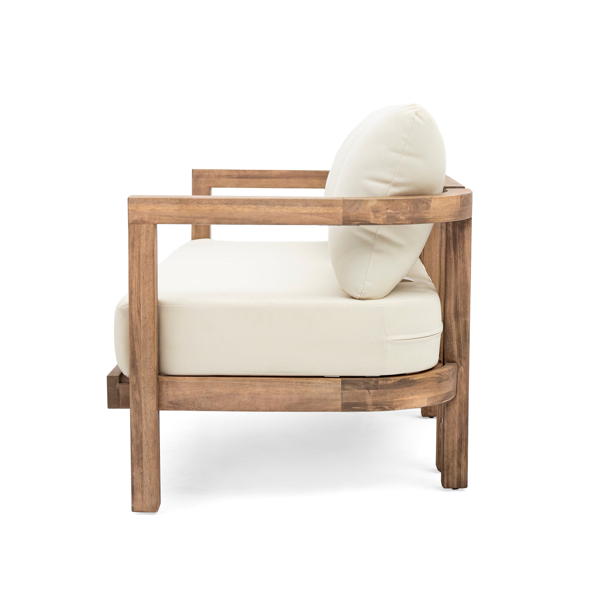 Modern accent chair with a natural wood frame and cream upholstery