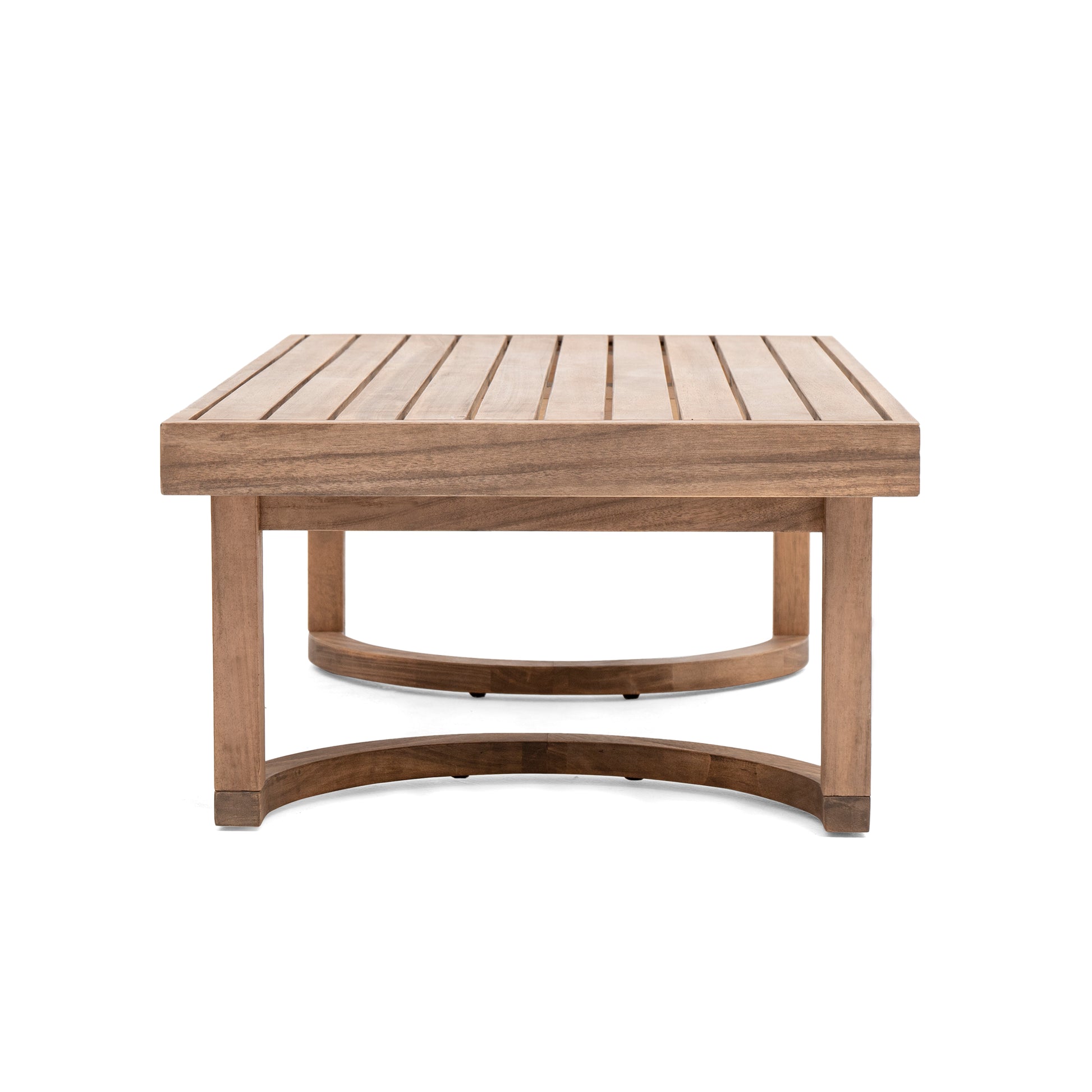 Rectangular wood coffee table with slatted top and curved legs