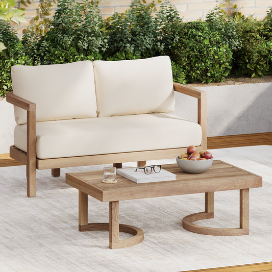 Natural wood outdoor loveseat with cream cushions perfect for patio relaxation