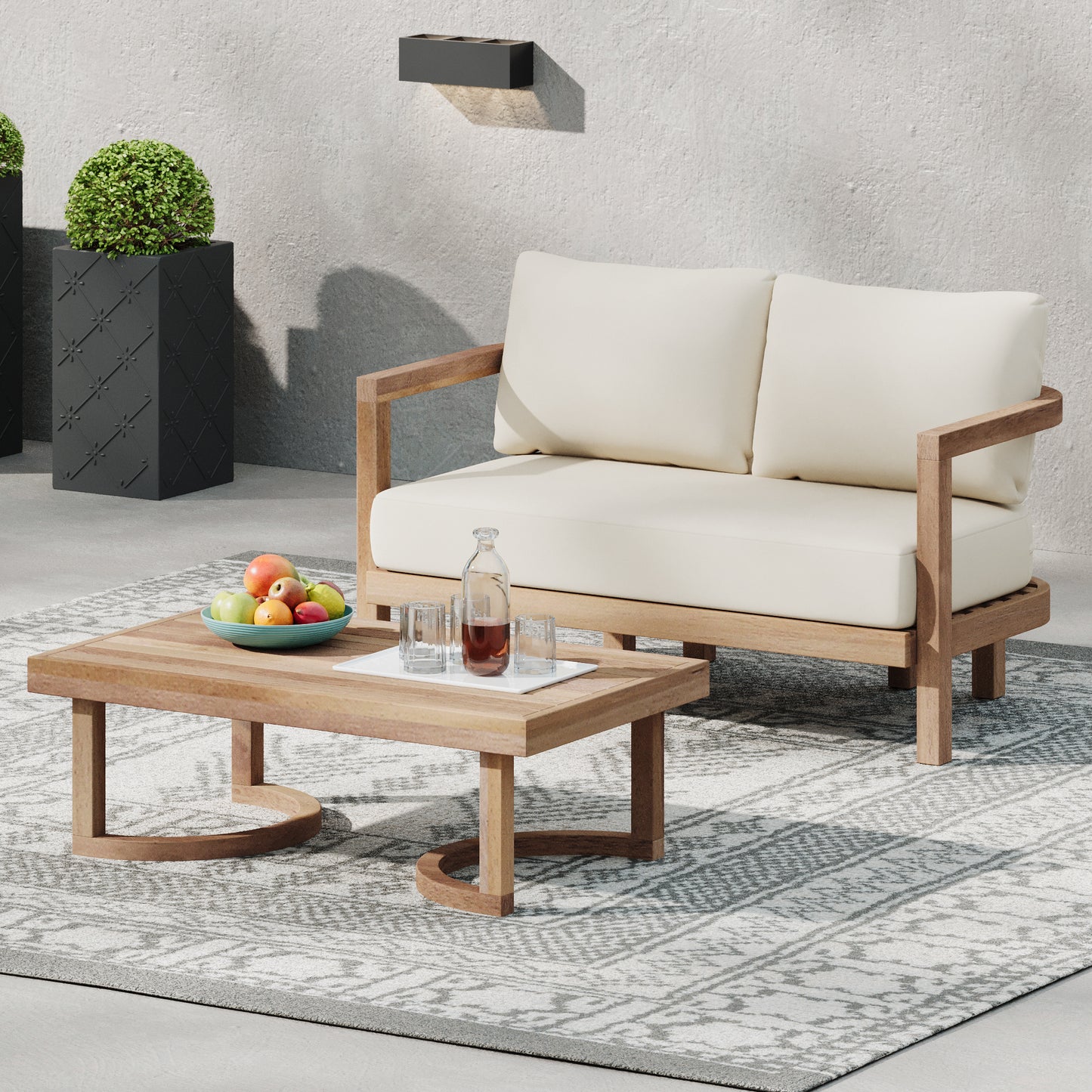 Modern outdoor sofa with cream cushions and natural wood frame perfect for patios
