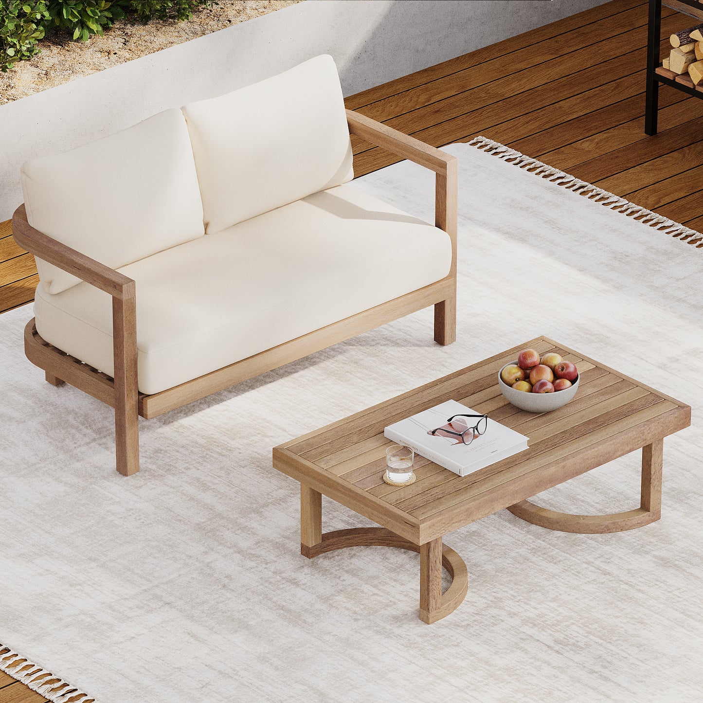Modern outdoor loveseat with plush cream cushions and a natural wood frame perfect for patios