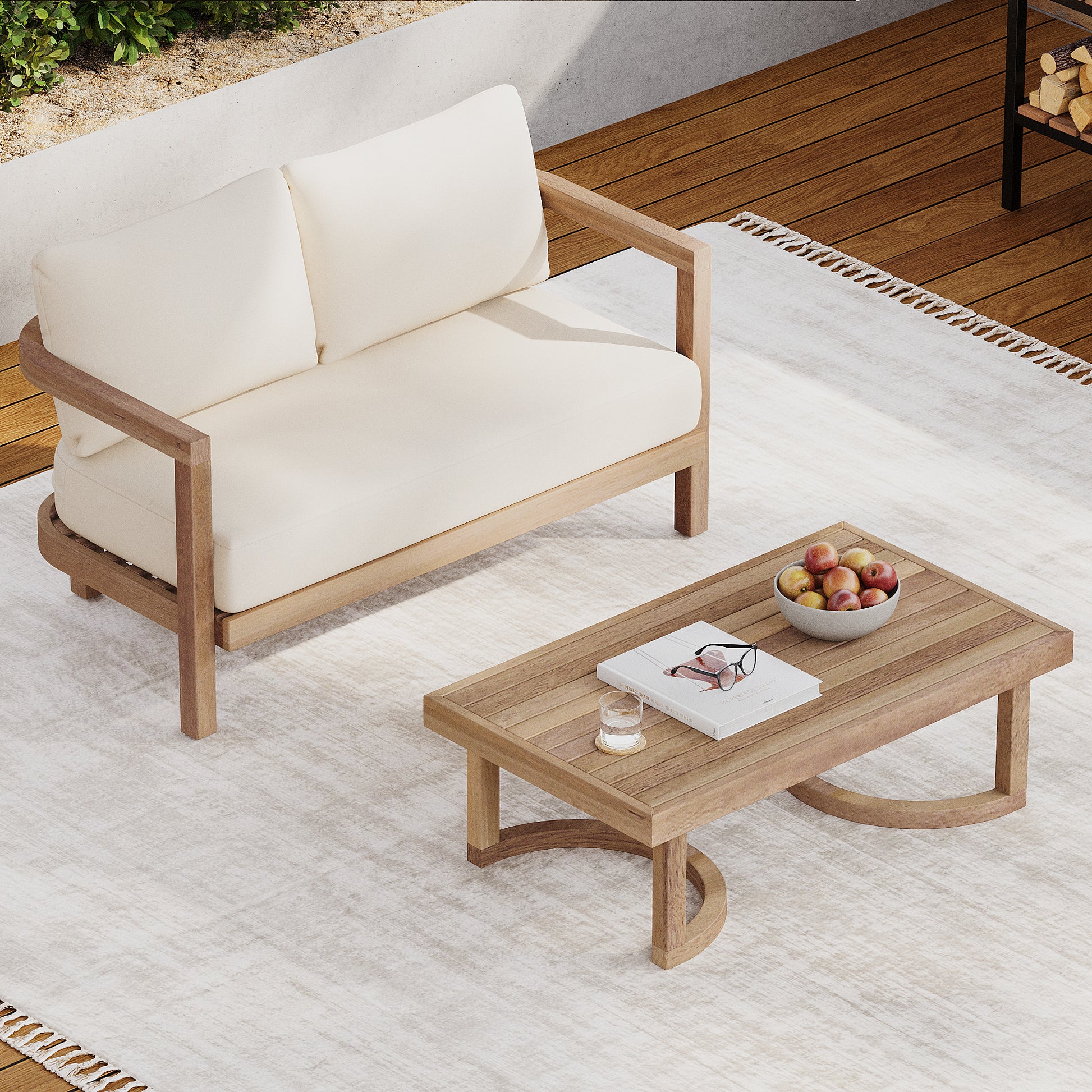 Modern outdoor loveseat with plush cream cushions and a natural wood frame perfect for patios