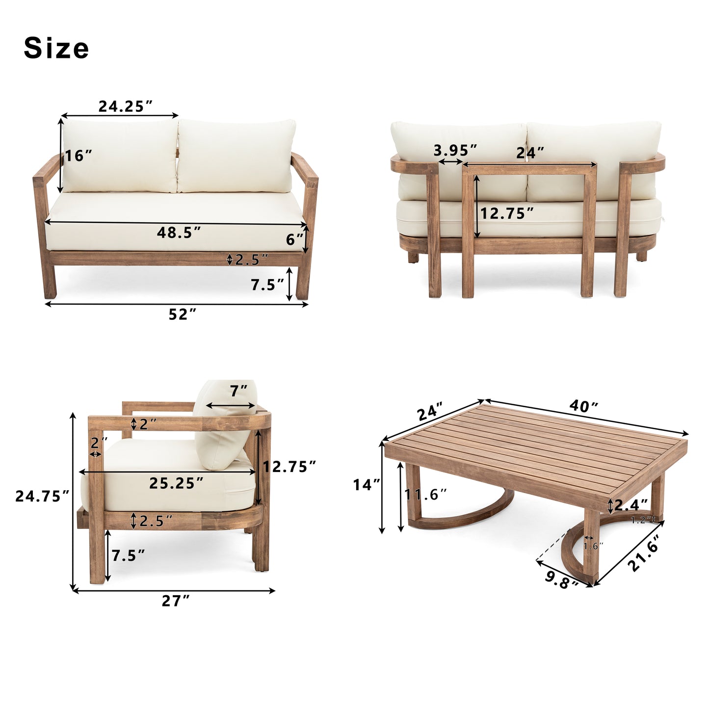 Wood patio loveseat with cream cushions  W x  H ideal for outdoor seating