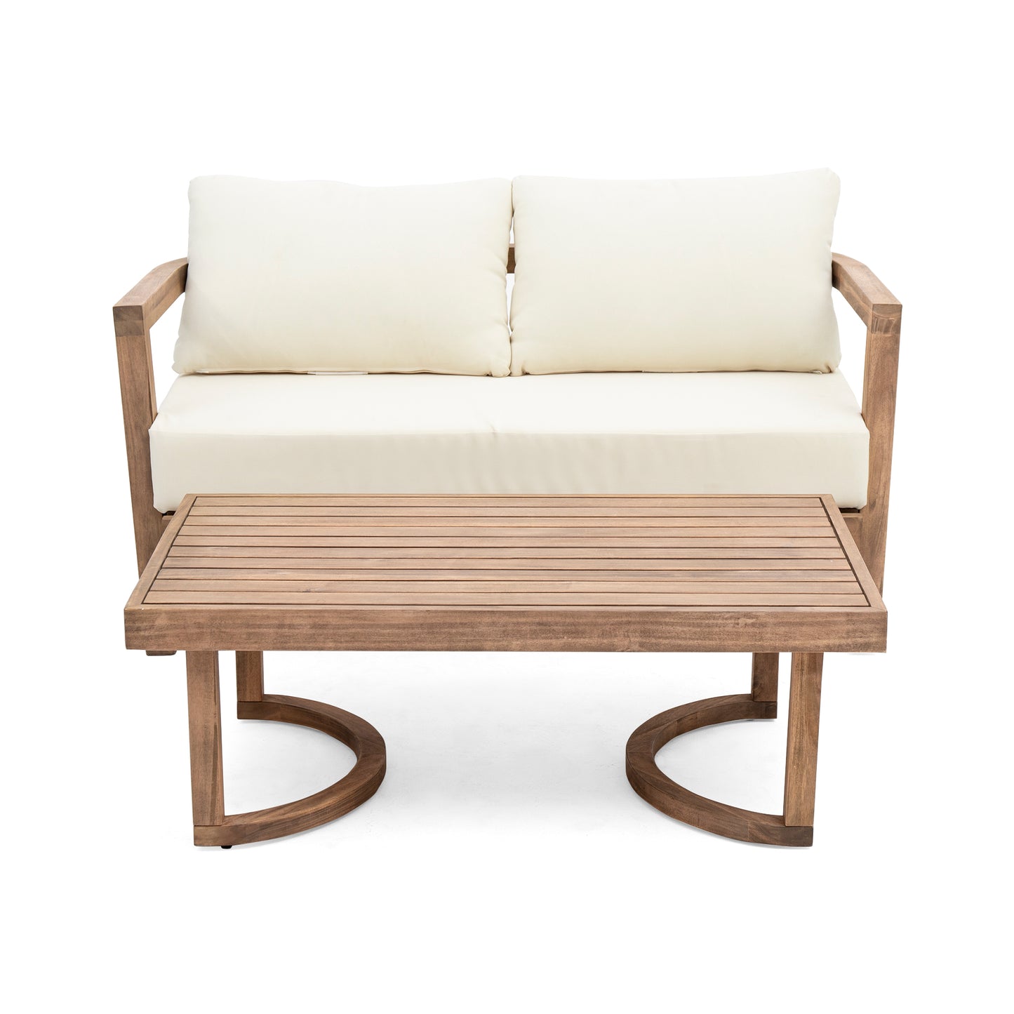 Modern wood patio loveseat with cream cushions and slatted coffee table