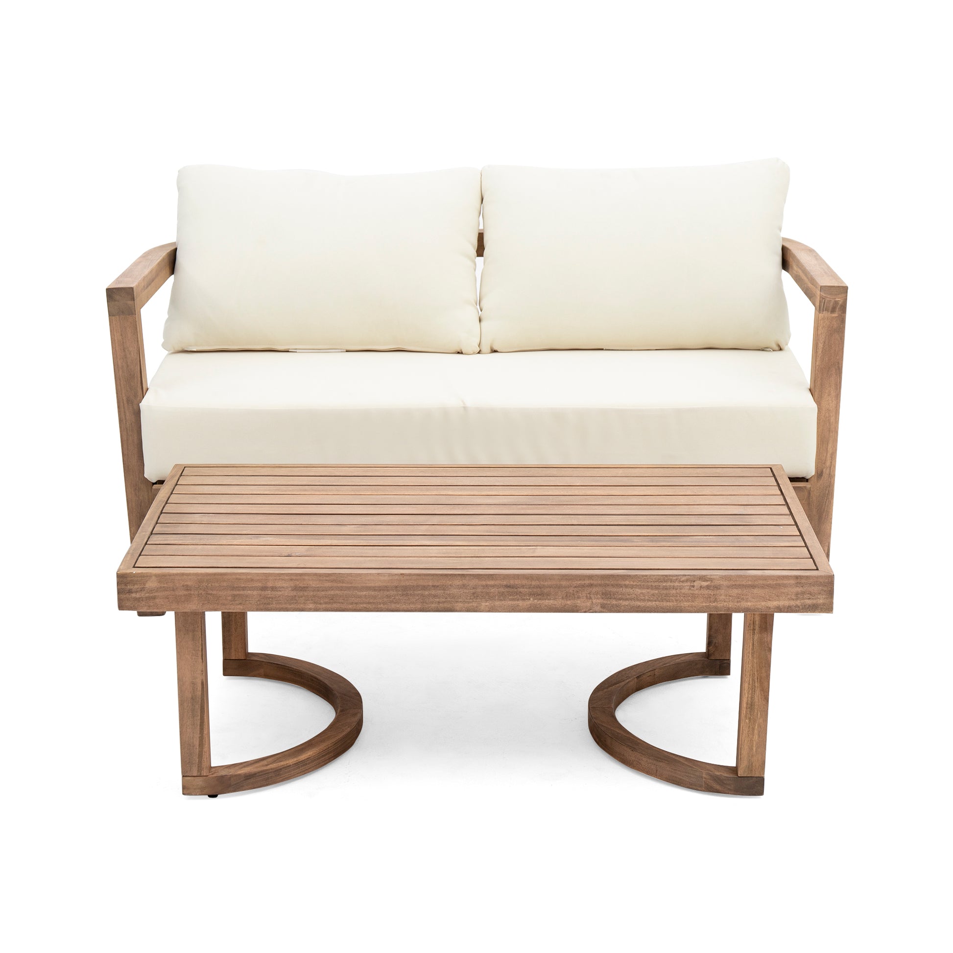 Modern wood patio loveseat with cream cushions and slatted coffee table