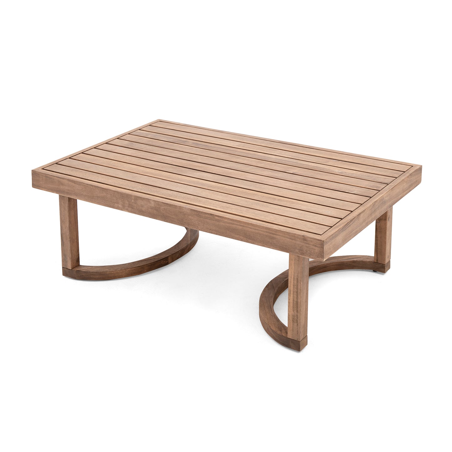 Rectangular natural wood slatted coffee table with curved leg supports