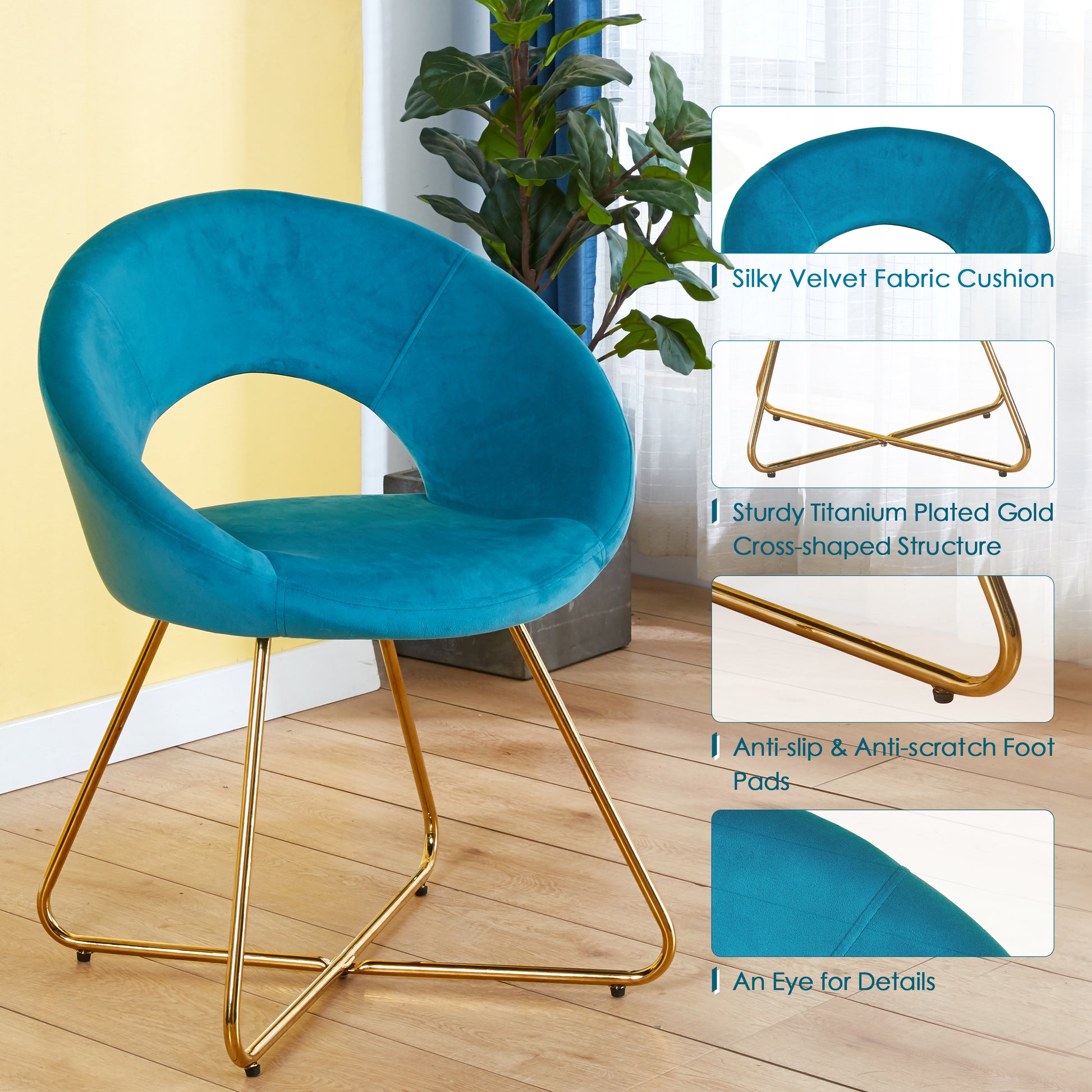 Teal velvet accent chair with modern gold metal legs and a curved design