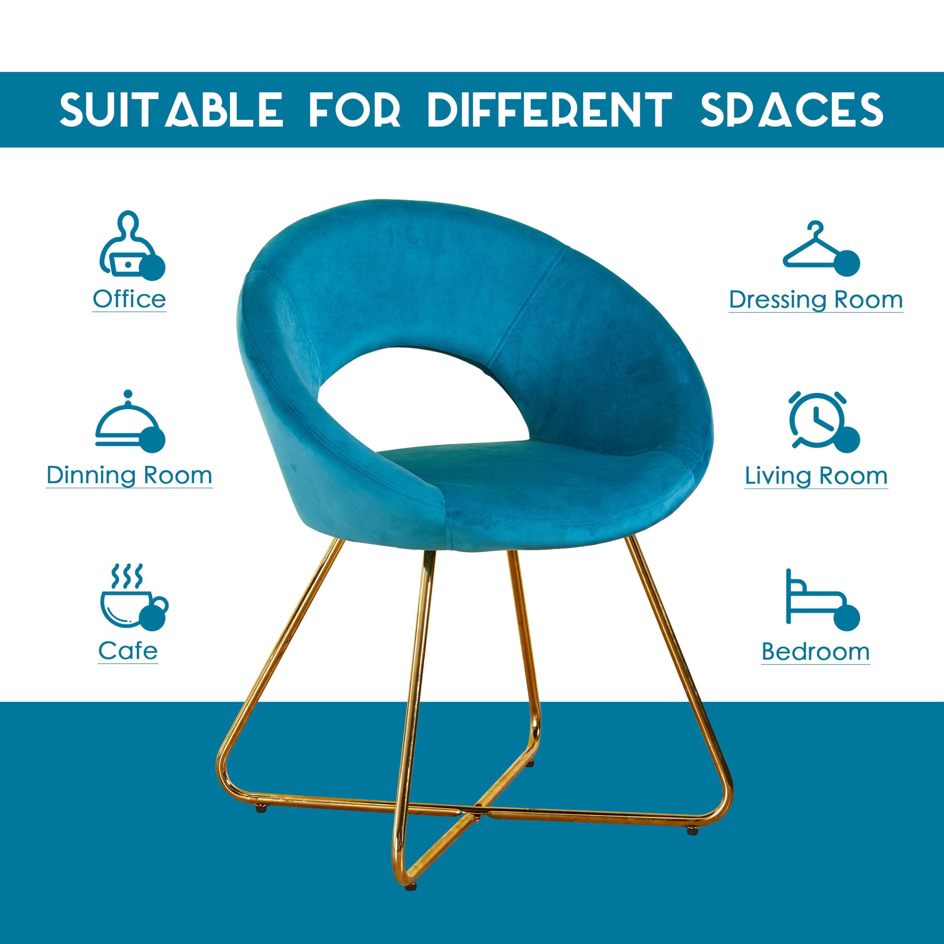 Teal velvet accent chair with modern gold metal legs perfect for a living room setting