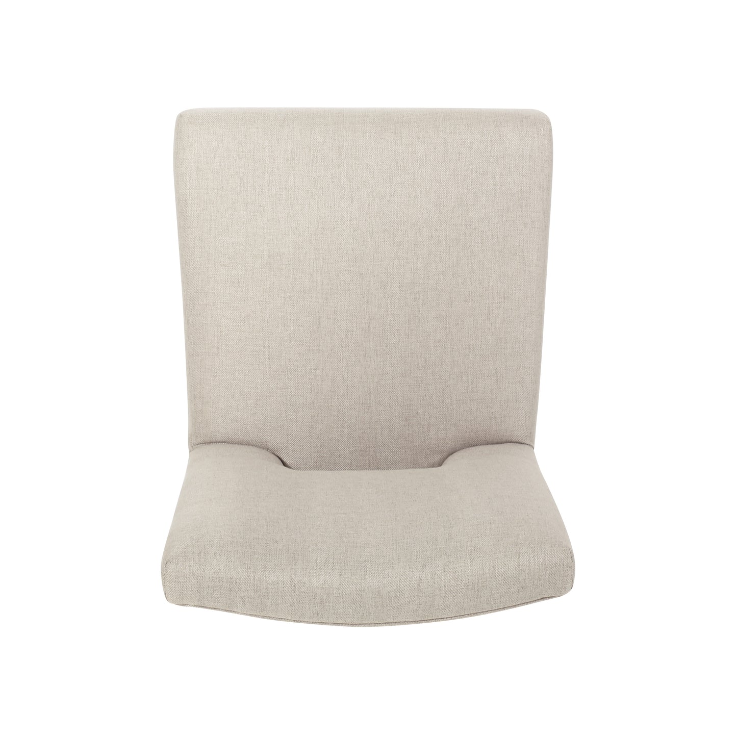 Beige upholstered dining chair with curved seat and high back