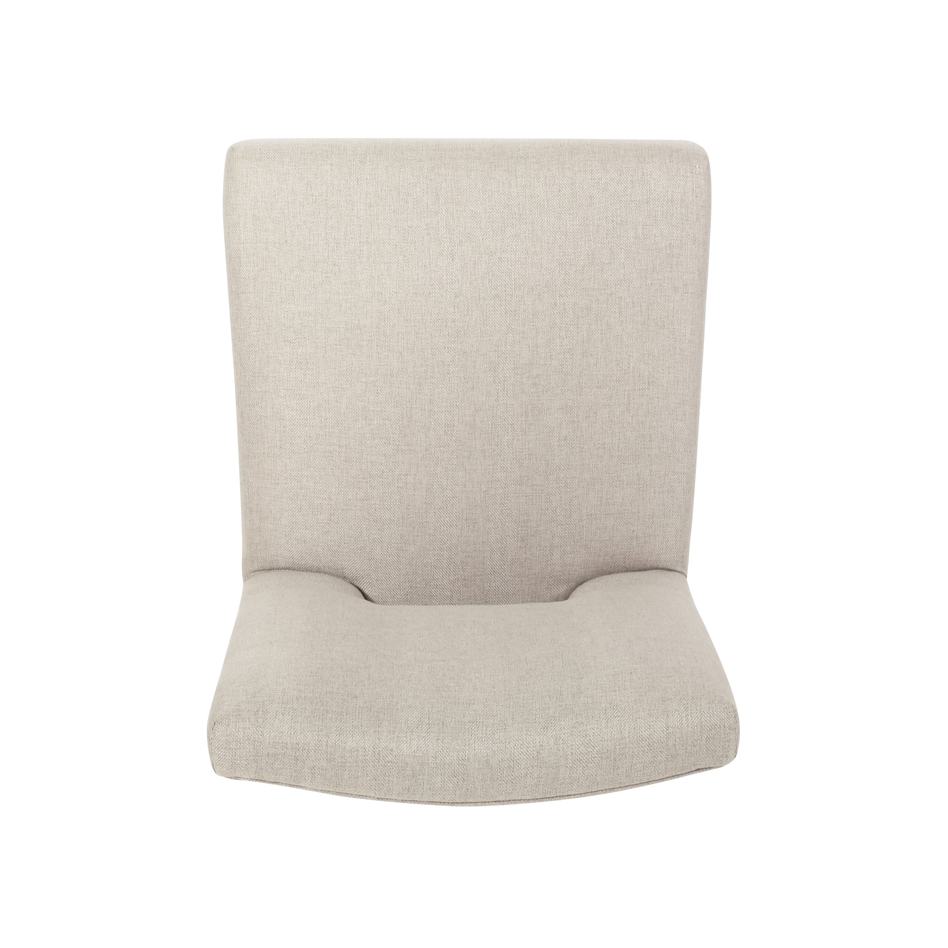 Beige upholstered dining chair with curved seat and high back