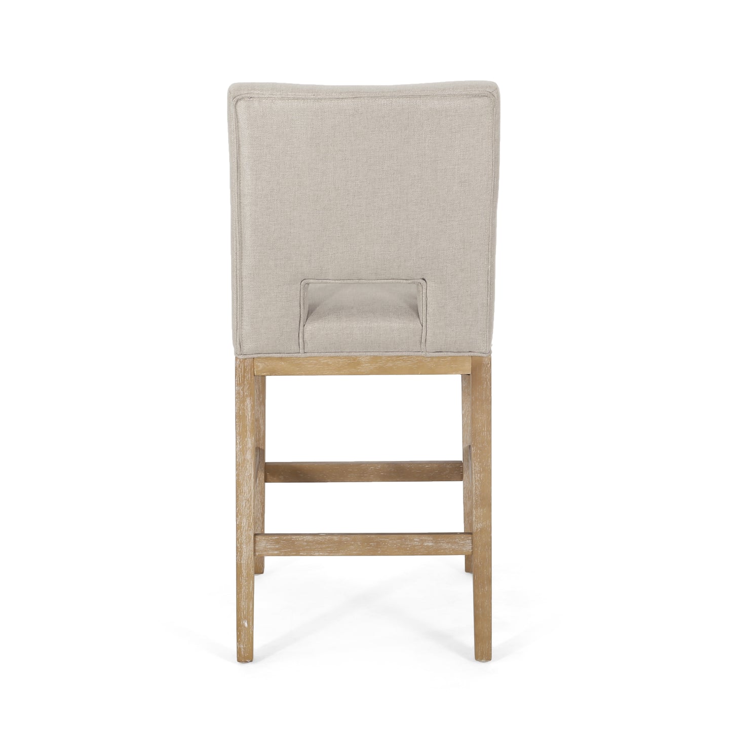 Neutral fabric upholstered counter stool with distressed wood legs and a square back