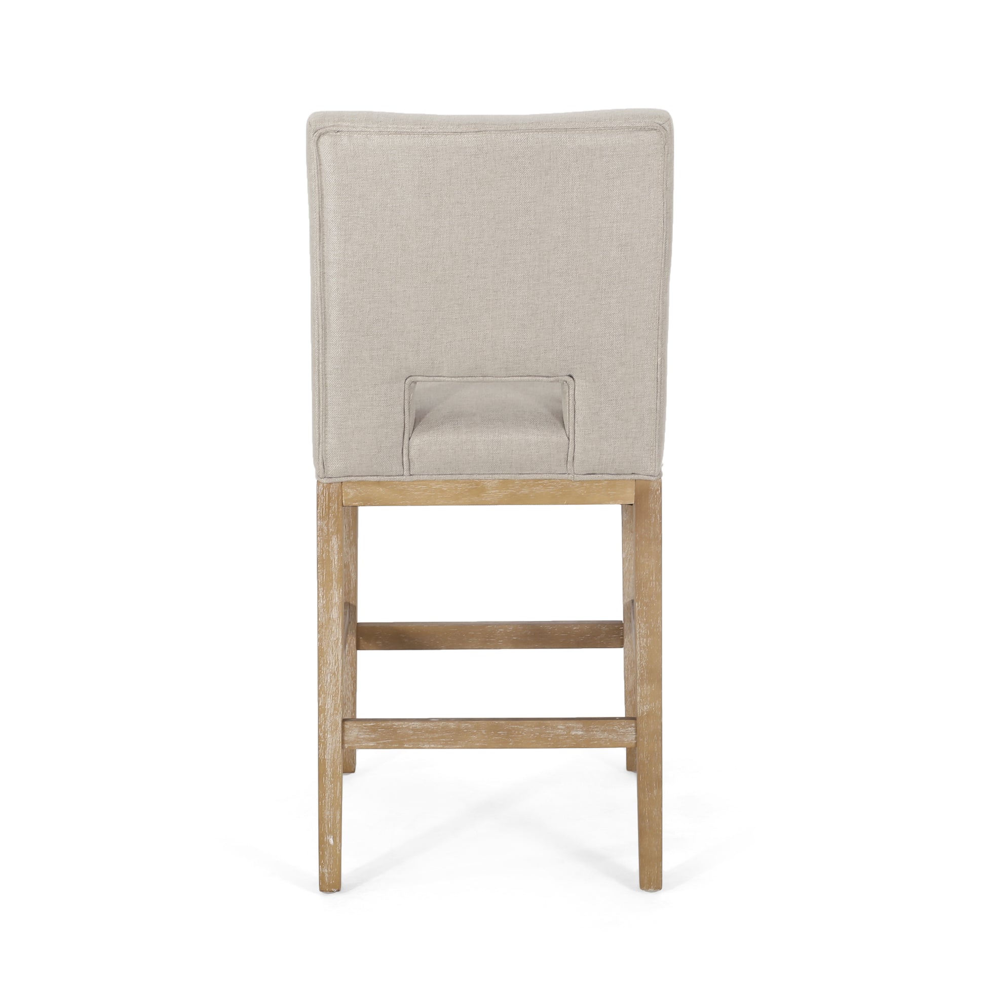 Neutral fabric upholstered counter stool with distressed wood legs and a square back