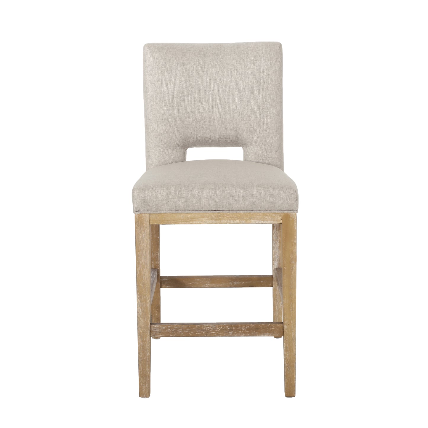 Light beige upholstered bar stool with a cutout back and natural wood legs