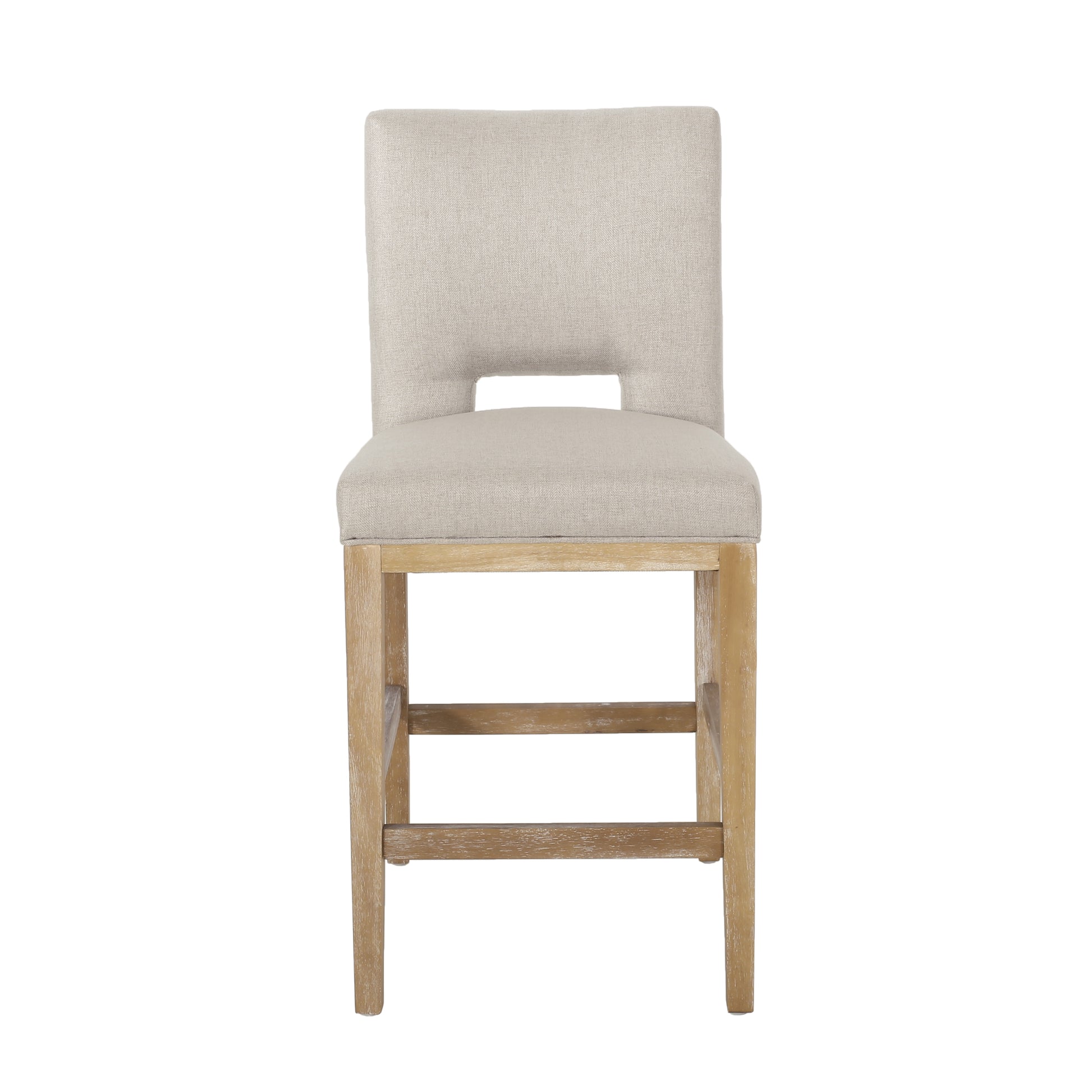 Light beige upholstered bar stool with a cutout back and natural wood legs