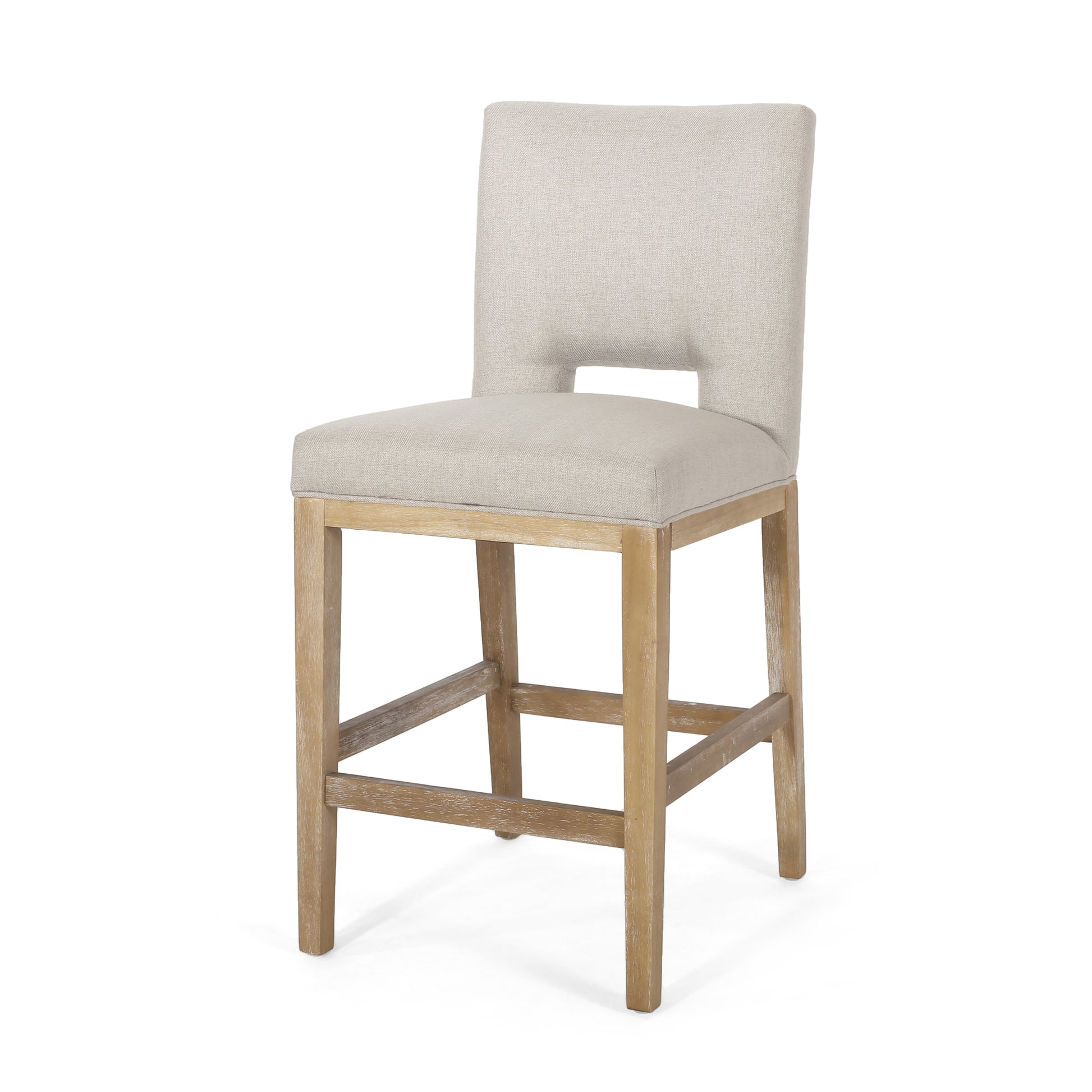 A modern light beige fabric counter stool with a distressed wood frame perfect for kitchens
