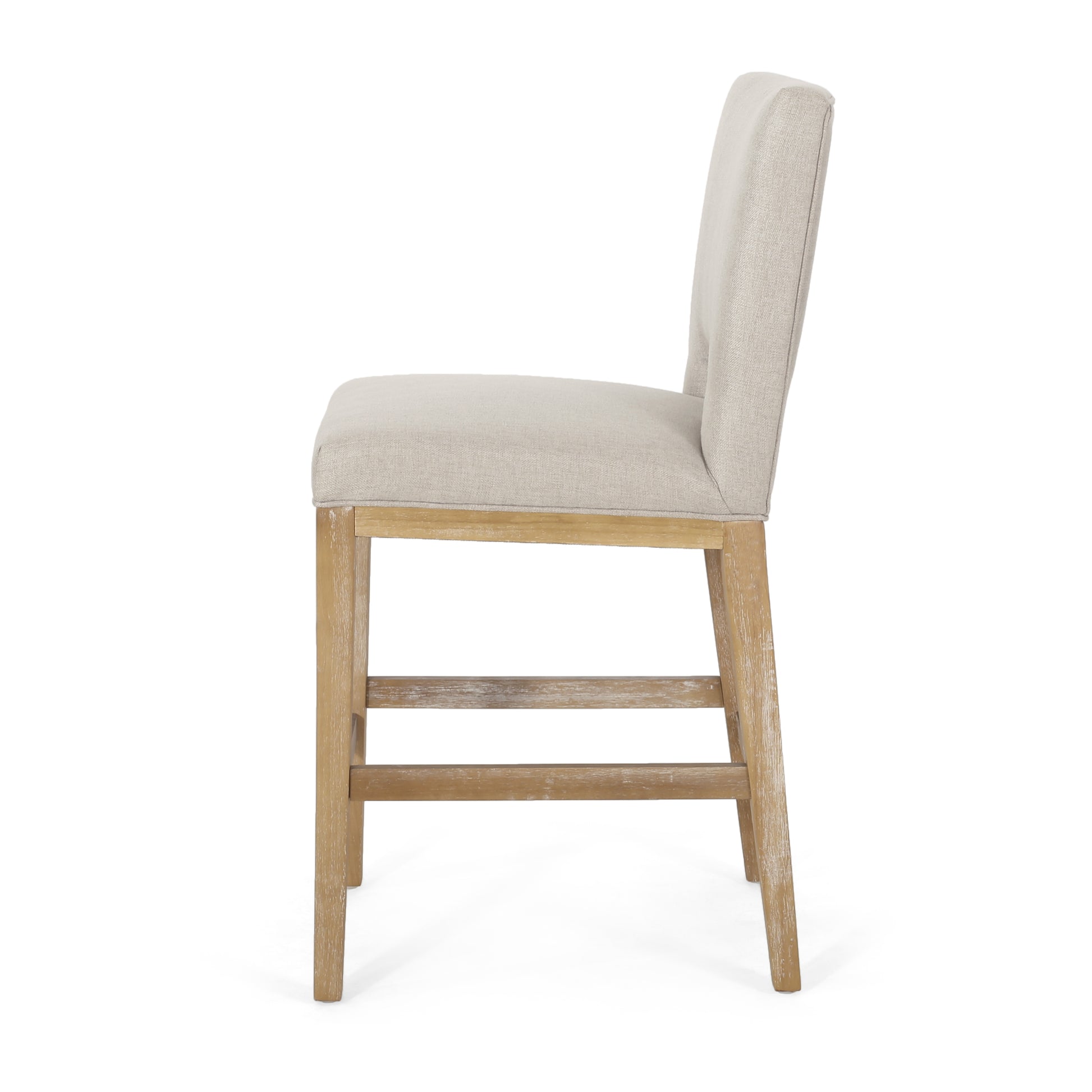 Light beige linen upholstered bar stool with a distressed oak wood frame
