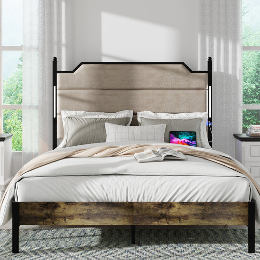 Tufted beige headboard bed frame with integrated LED lights and USB ports