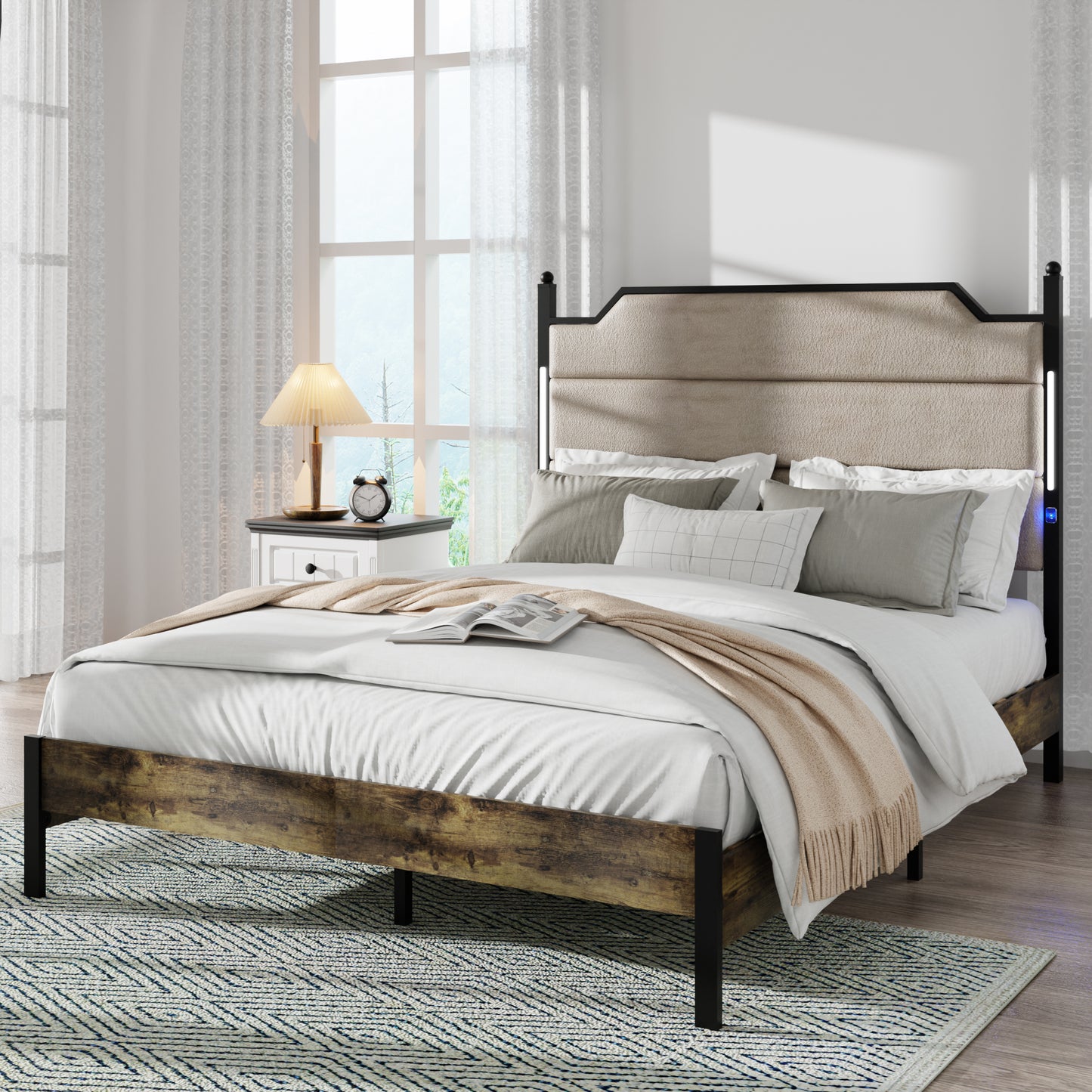 Rustic wooden queen bed frame with upholstered headboard and builtin lighting