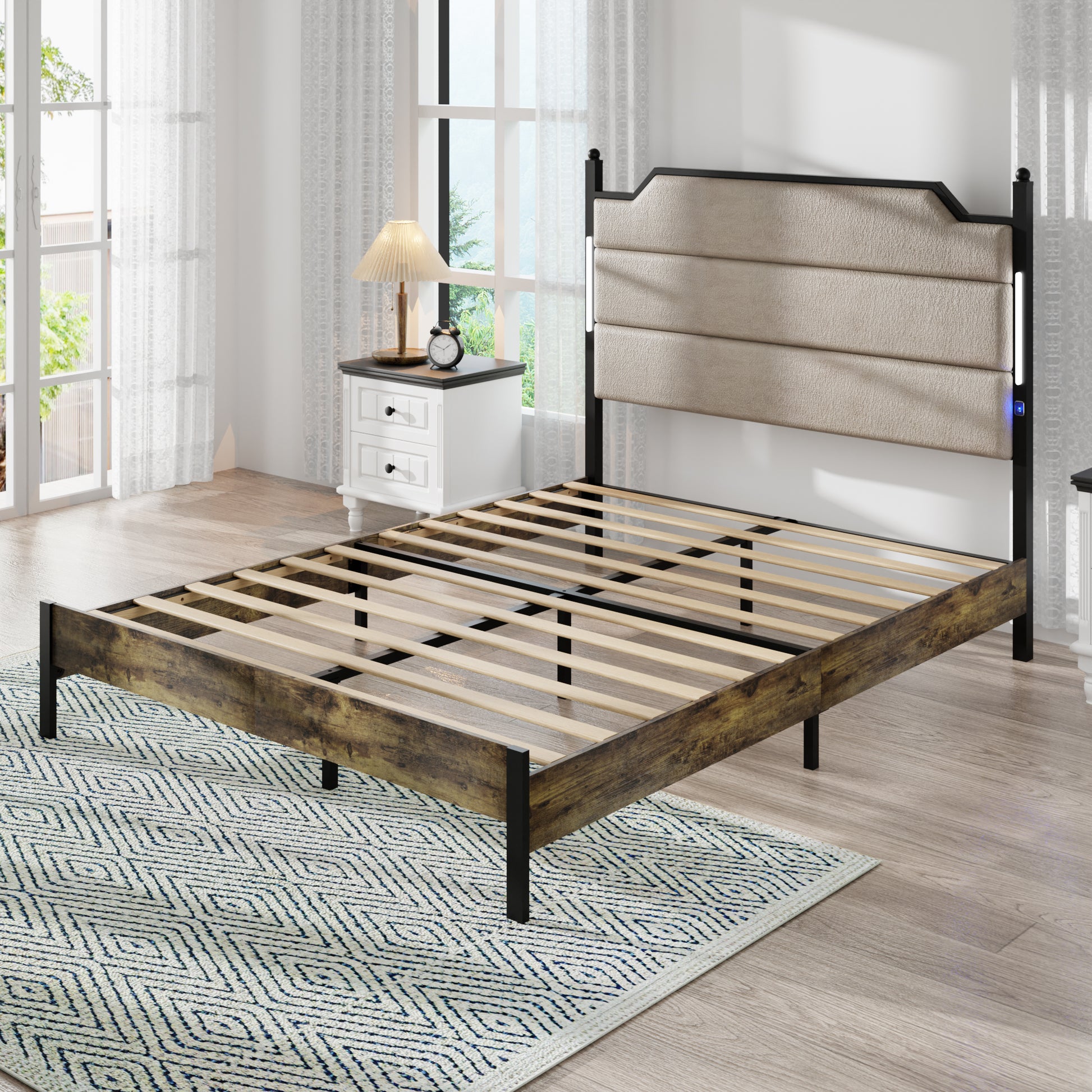 Rustic wood platform bed frame with upholstered headboard and integrated LED lights